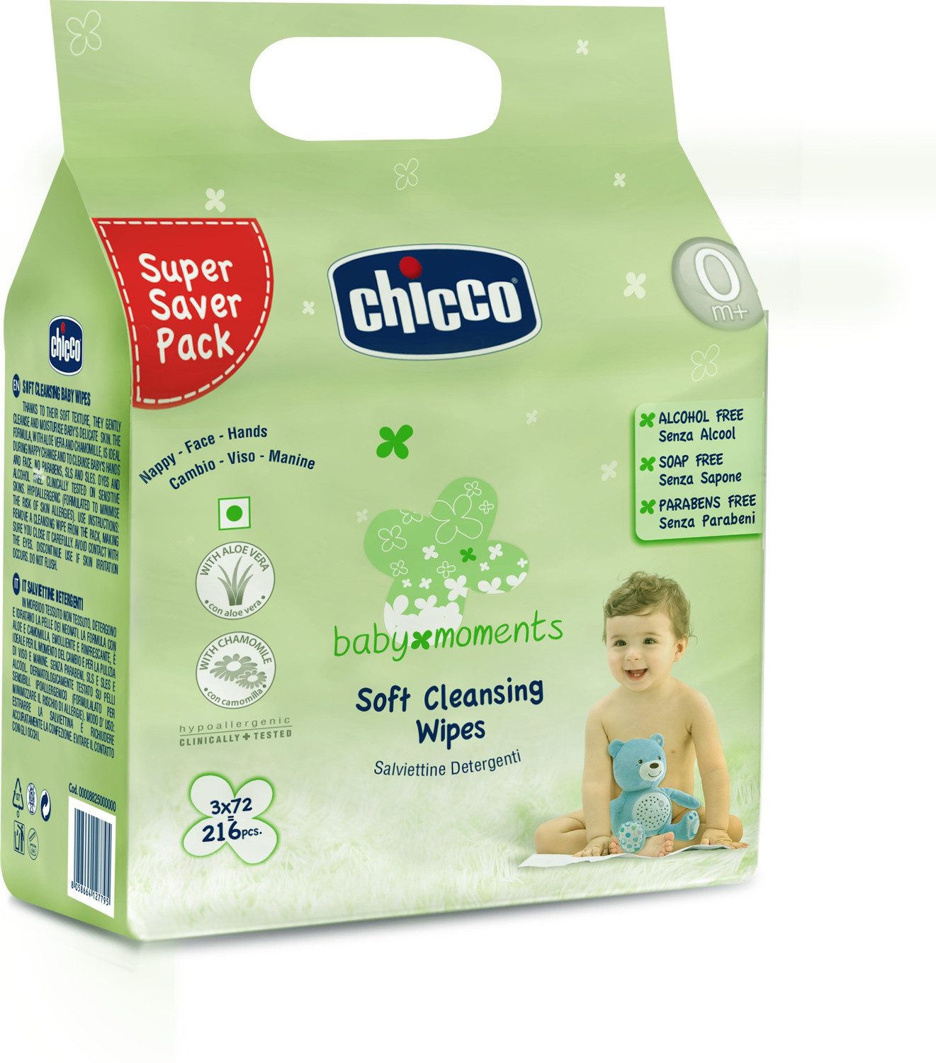 Image of Chicco Soft cleansing wipes Tripack ( 216 pcs) (Sticker pack)