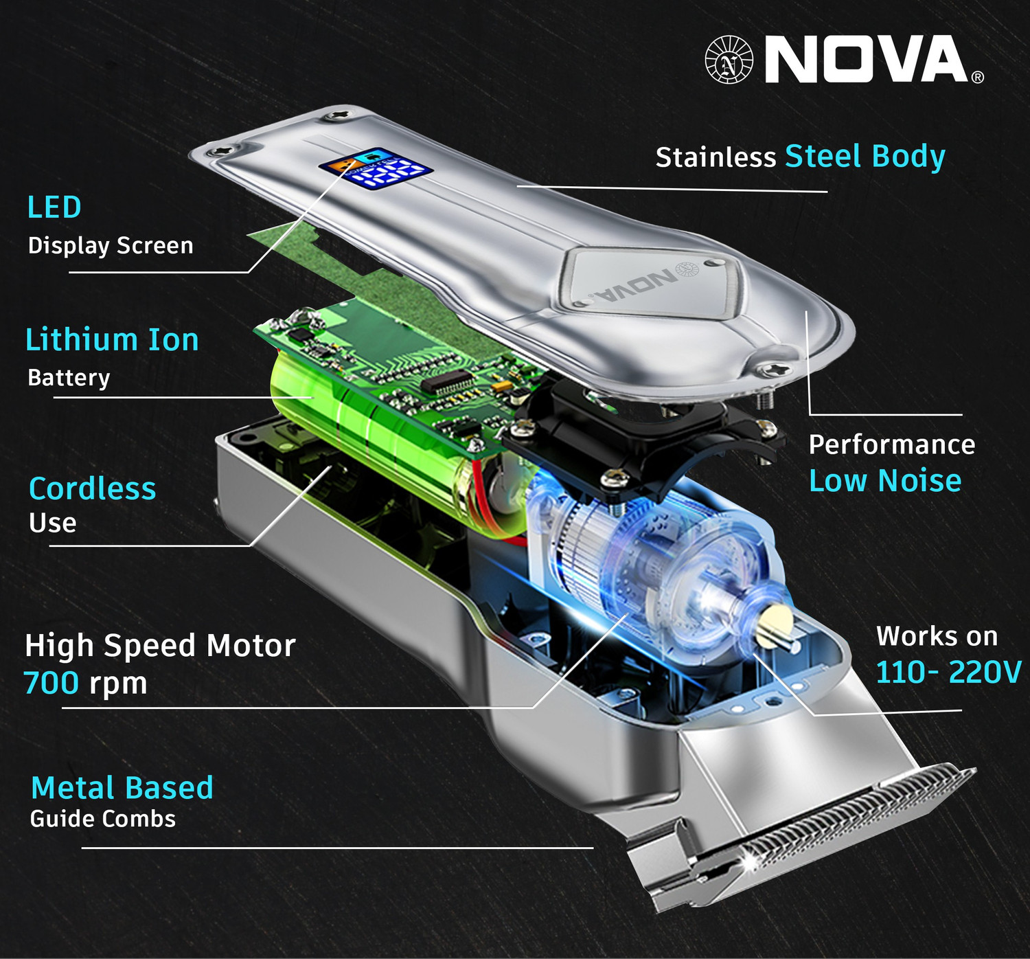 Image of NOVA Professional Cordless 1068 Hair Clipper Trimmer 240 min Runtime 5 Length Settings