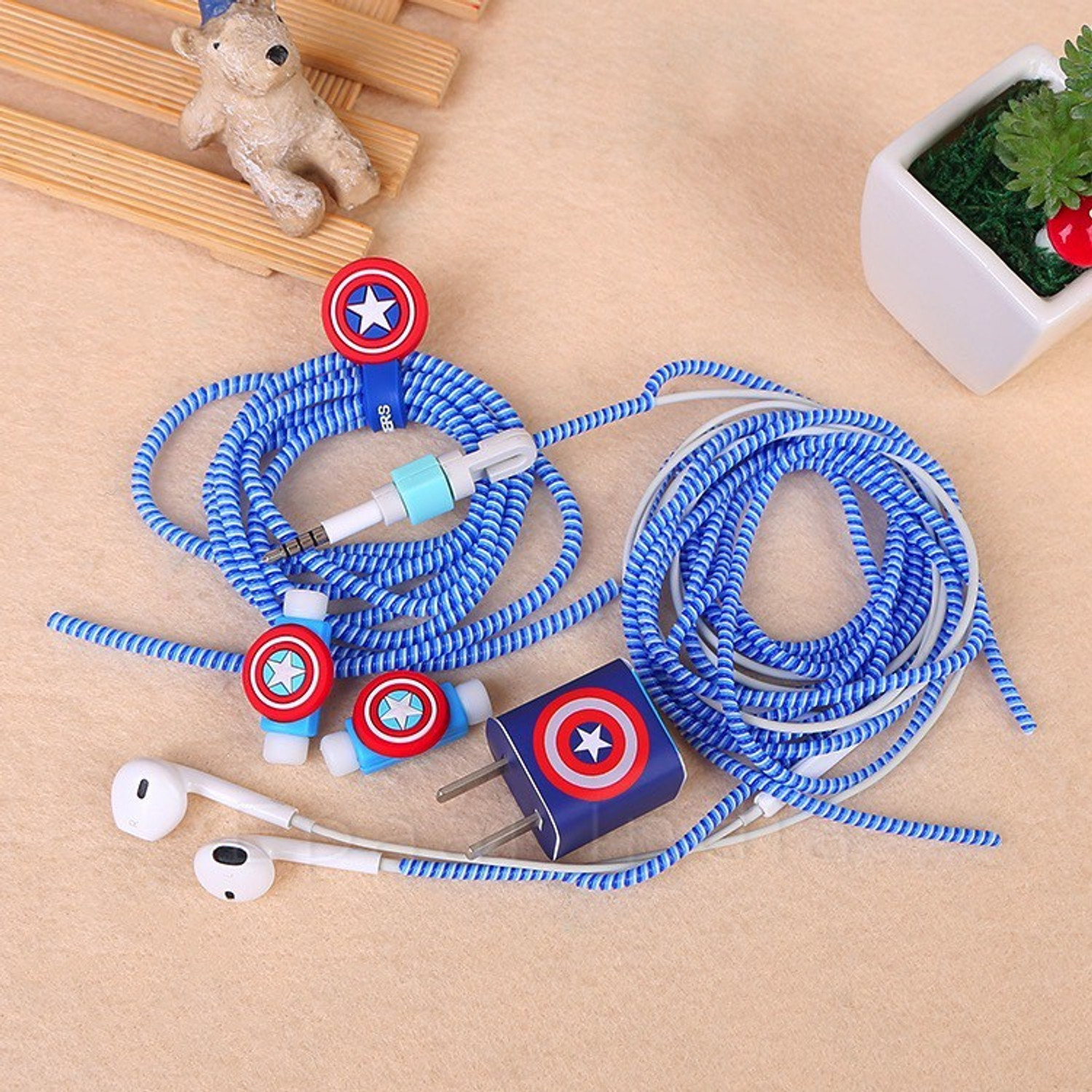 Image of Epaal 8-in-1 (Blue Captain America Style) Spiral USB and Earphone Cable Protectors Winder, Sticker, Clips, Organizer Clip Earphone Cable Organizer