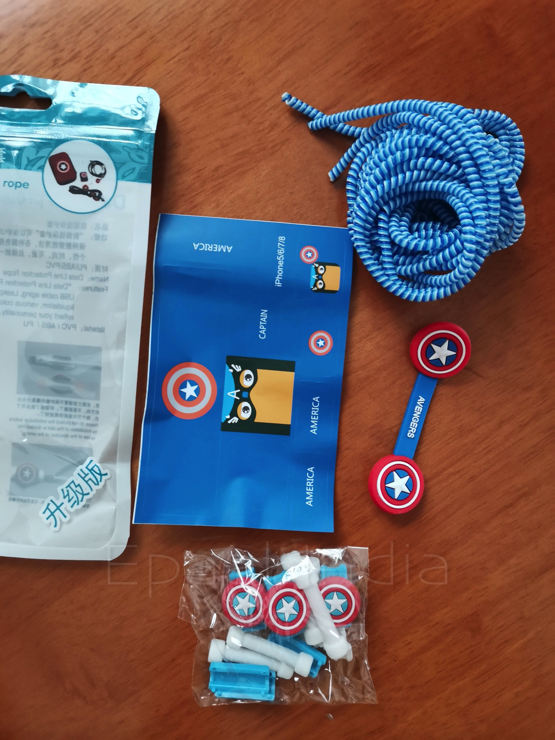 Image of Epaal 8-in-1 (Blue Captain America Style) Spiral USB and Earphone Cable Protectors Winder, Sticker, Clips, Organizer Clip Earphone Cable Organizer
