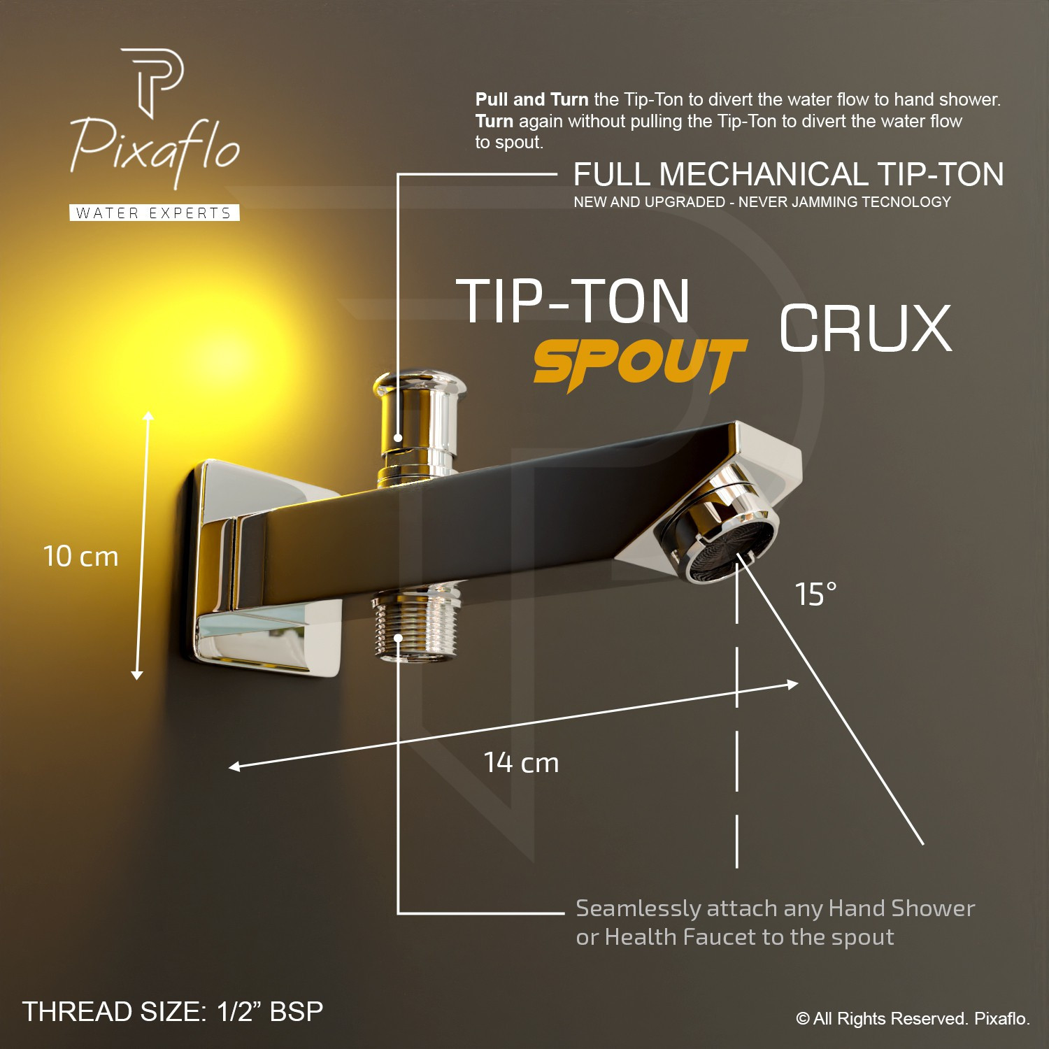 Image of PIXAFLO Crux Brass Bath Tub Diverter Spout with Wall Flange (Chrome) (Tip-Ton) HIGH FLOW Spout Faucet