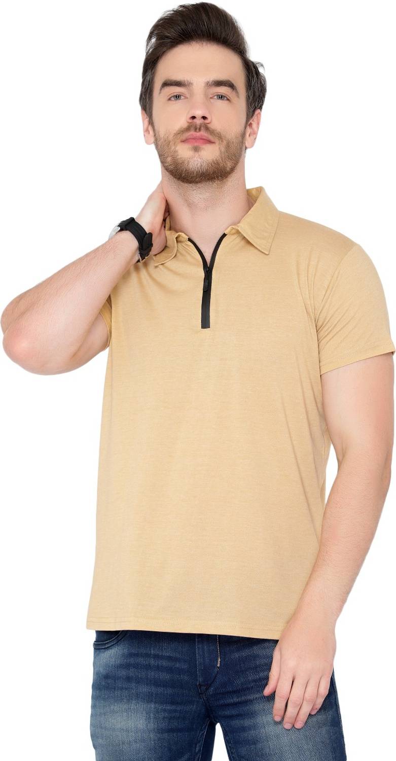Tivy Solid Men Polo Neck Beige T-Shirt