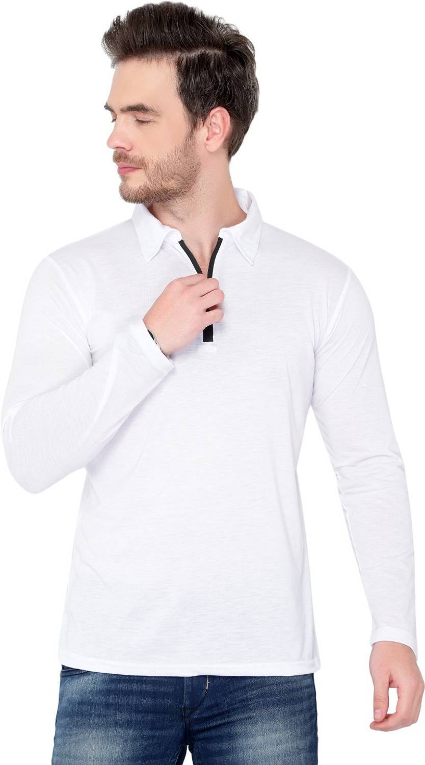 Men Solid Polo Neck Cotton Blend White T-Shirt - Image 1