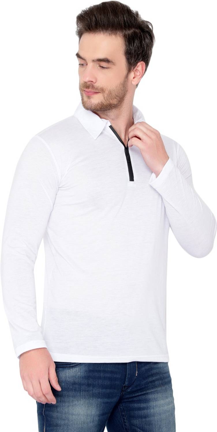 Men Solid Polo Neck Cotton Blend White T-Shirt - Image 3