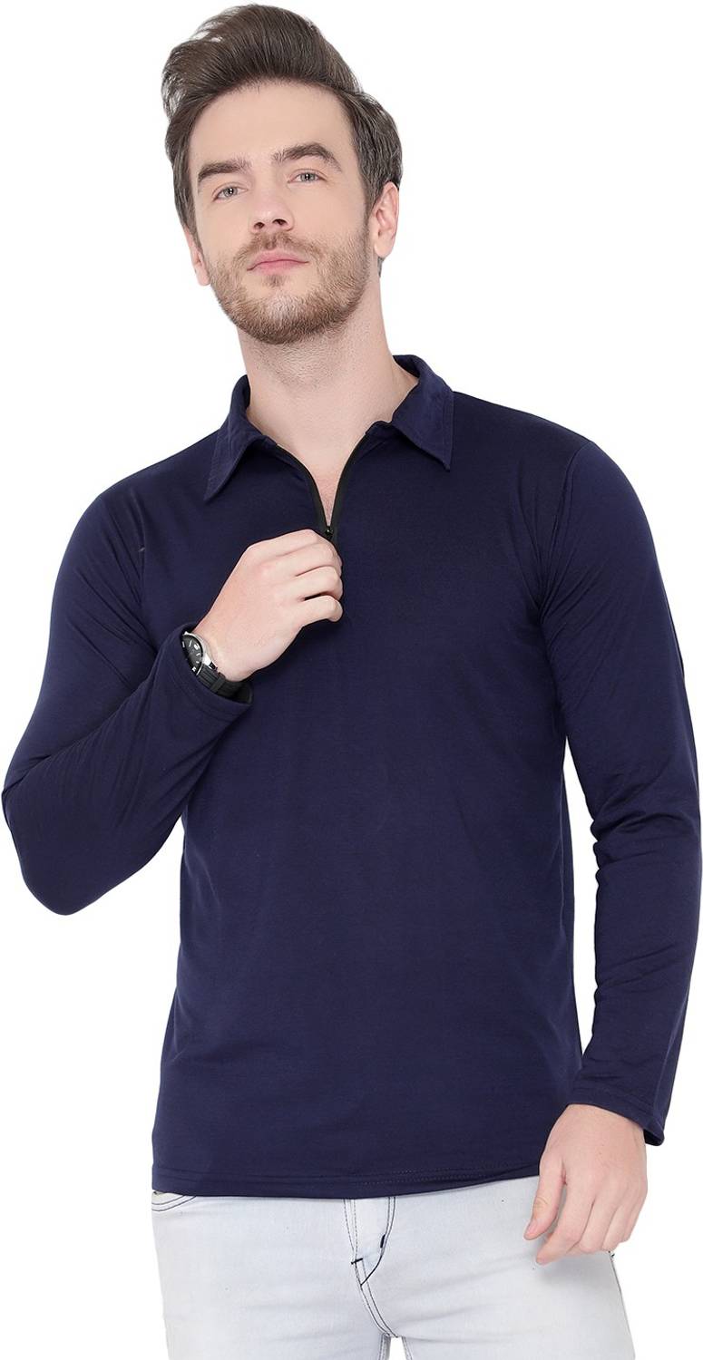 Tivy Solid Men Polo Neck Dark Blue T-Shirt
