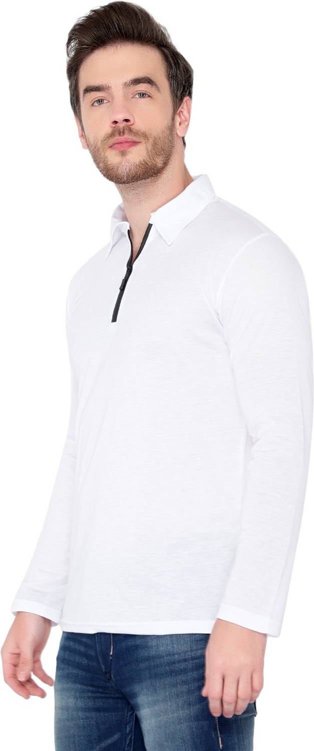 Men Solid Polo Neck Cotton Blend White T-Shirt - Image 2