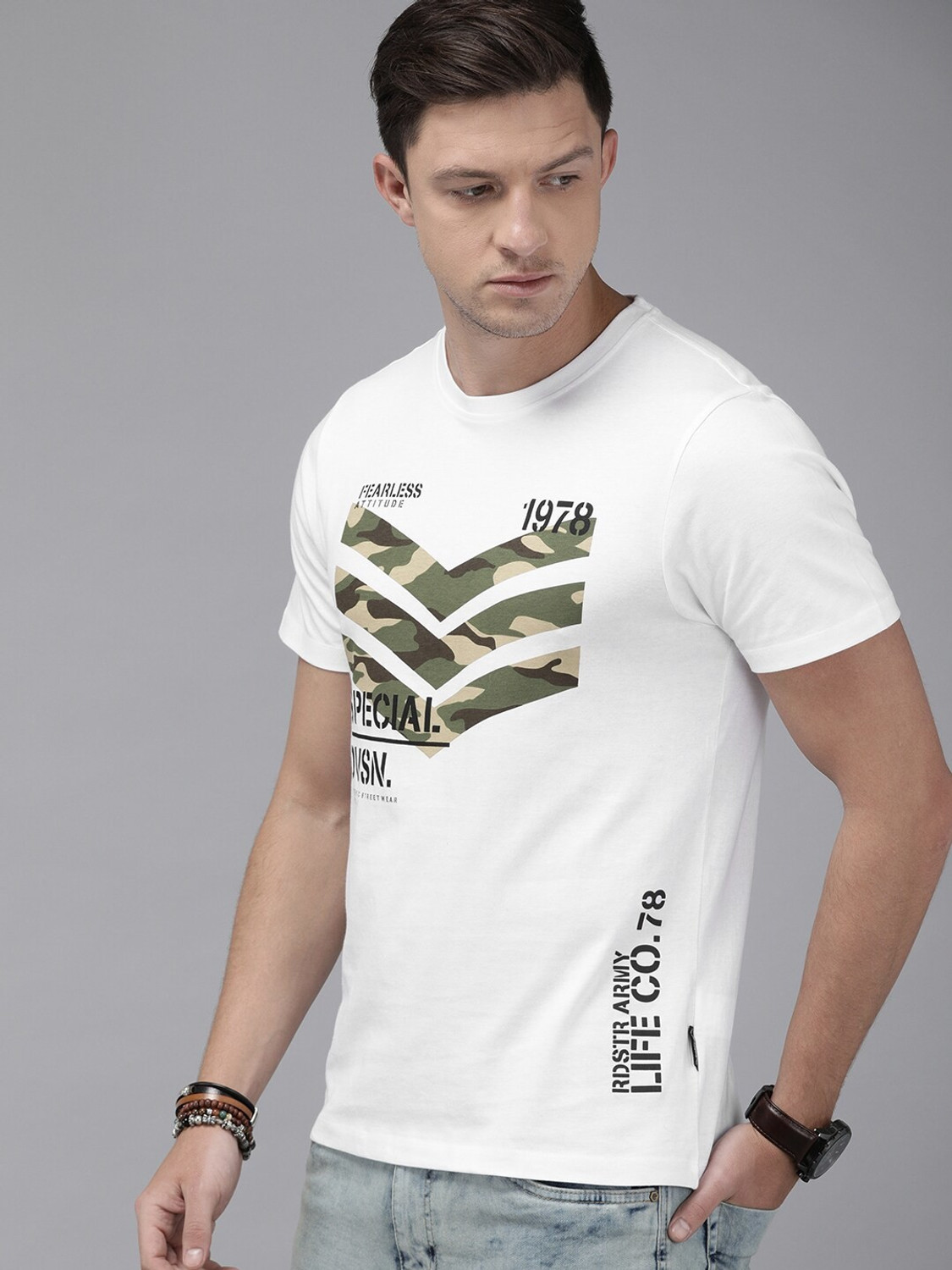Image of Roadster Printed Men Round Neck White T-Shirt