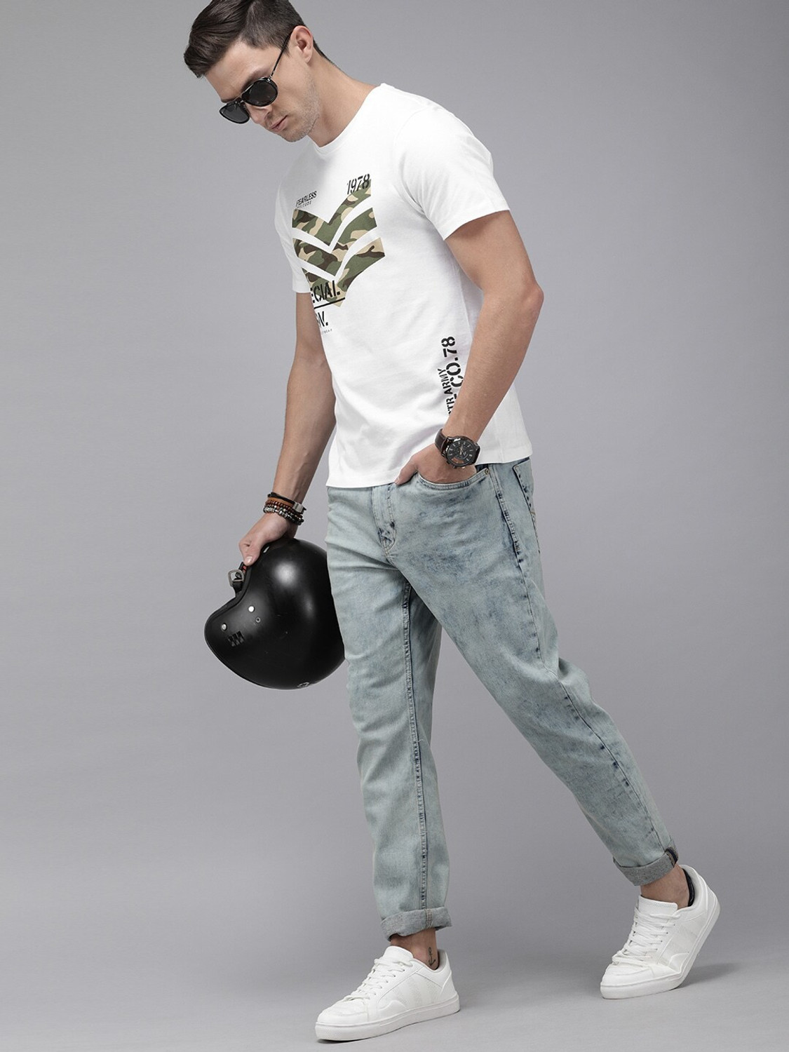 Image of Roadster Printed Men Round Neck White T-Shirt