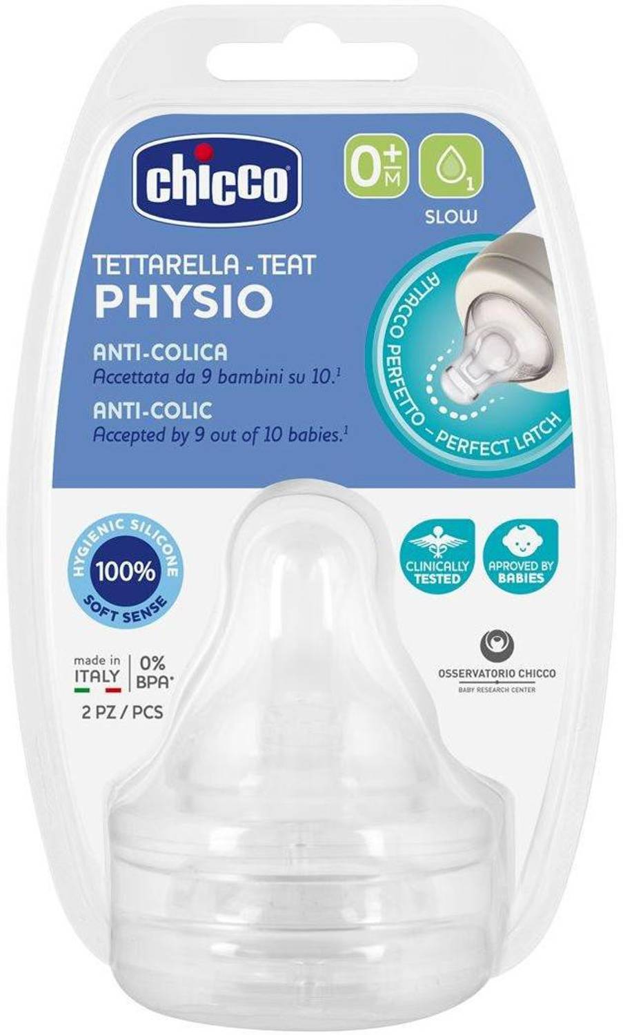 Chicco Physio TEATS PERFECT 5 0M+ SIL 2 PCS Slow Flow Nipple (Pack of 2 Nipples) Slow Flow Nipple