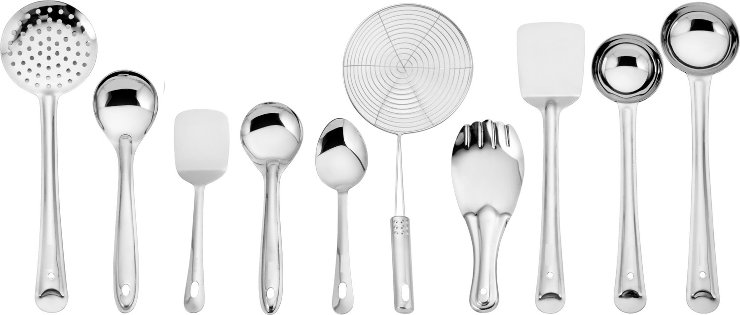 Image of Parage 10 Pieces, Silver (Contains: Ladles, Turners, Strainer, Rice Spoon, Oval Spoon, Serving Spoon) Kitchen Tool Set