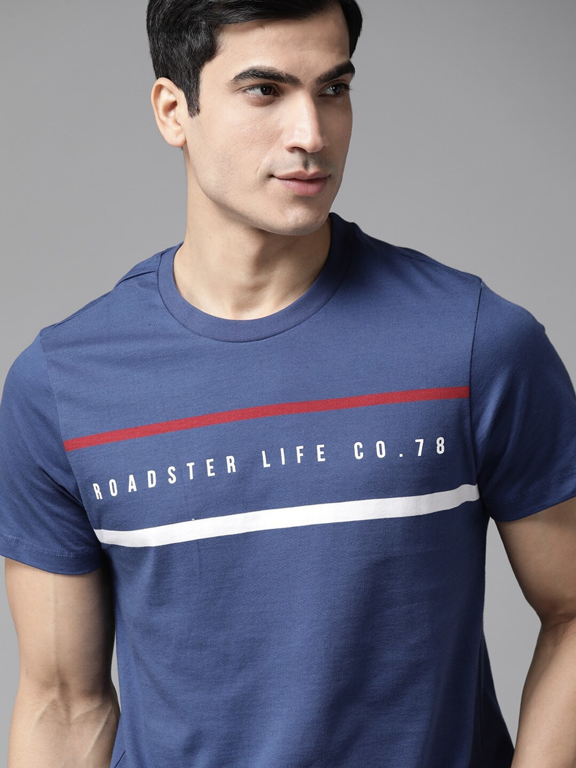 Image of Roadster Printed Men Round Neck Blue T-Shirt