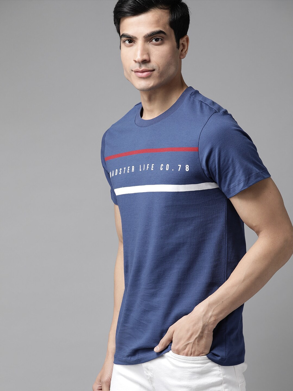 Image of Roadster Printed Men Round Neck Blue T-Shirt