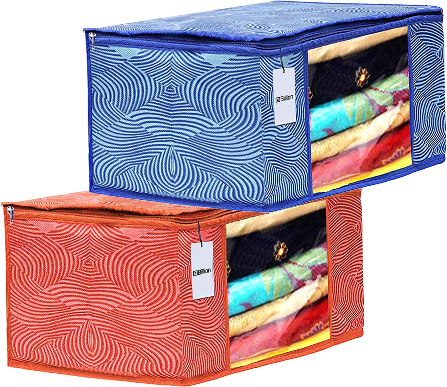 Billion Designer Leheriya Printed 2 Piece Non Woven Fabric Saree Cover Set with Transparent Window, Extra Large, Orange & Blue -S_23_Billion40791 S_23_Billion040791