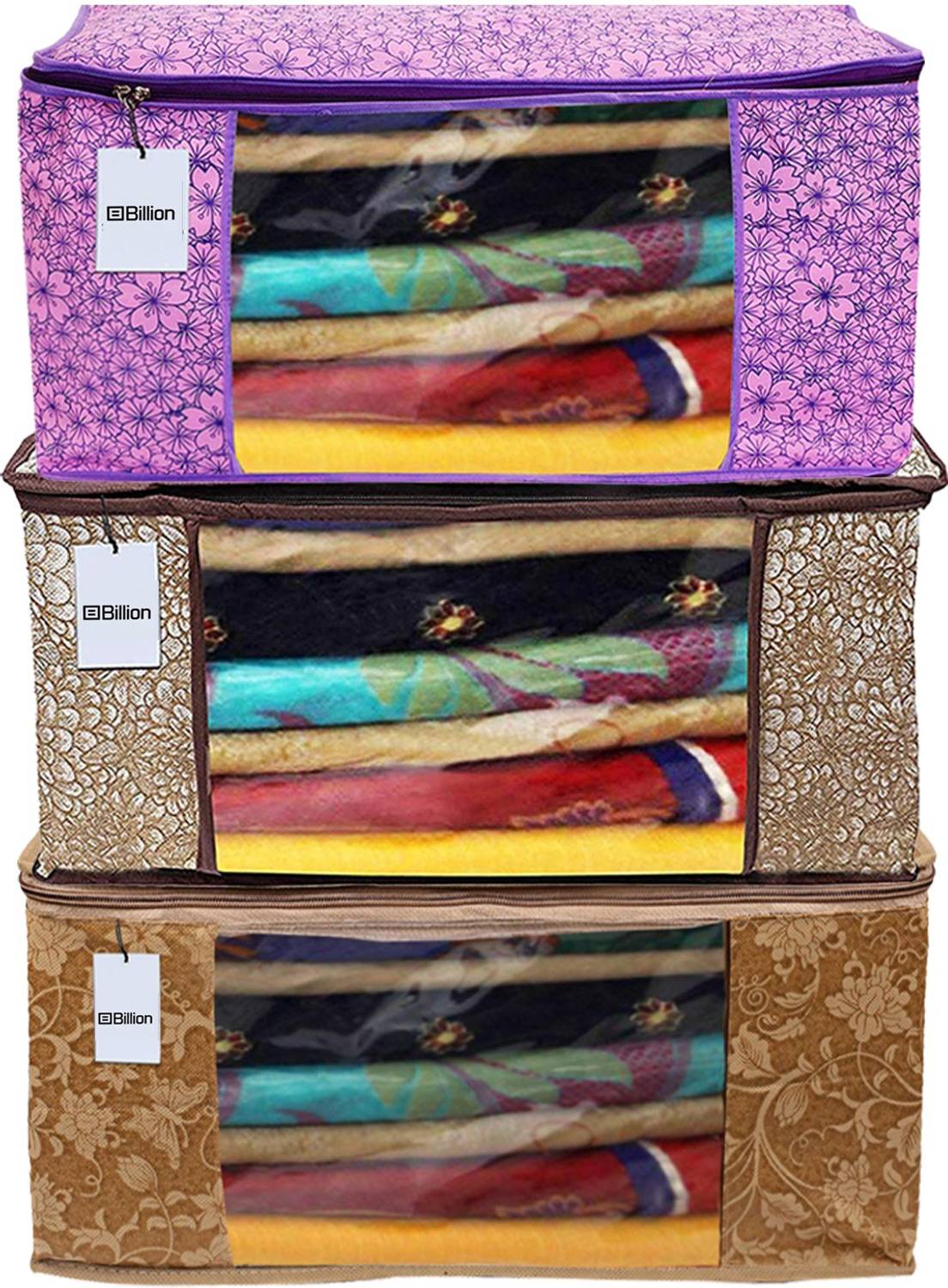 Billion Designer Metalic Printed 3 Piece Non Woven Fabric Saree Cover Set with Transparent Window, Extra Large, Pink Purple & Golden Brown & Beige -S_23_Billion40801 S_23_Billion040801