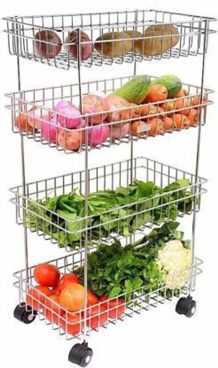 Image of AXUNE 4 Layer Portable Modern Fruit and Vegetable Stand Basket Trolley Morden Onion Potato Cutlery, Spice, Pickles Jars Container Basket Organizer Holder Stand Kitchen Storage Original Steel Kitchen Trolley Stainless Steel Kitchen Trolley
