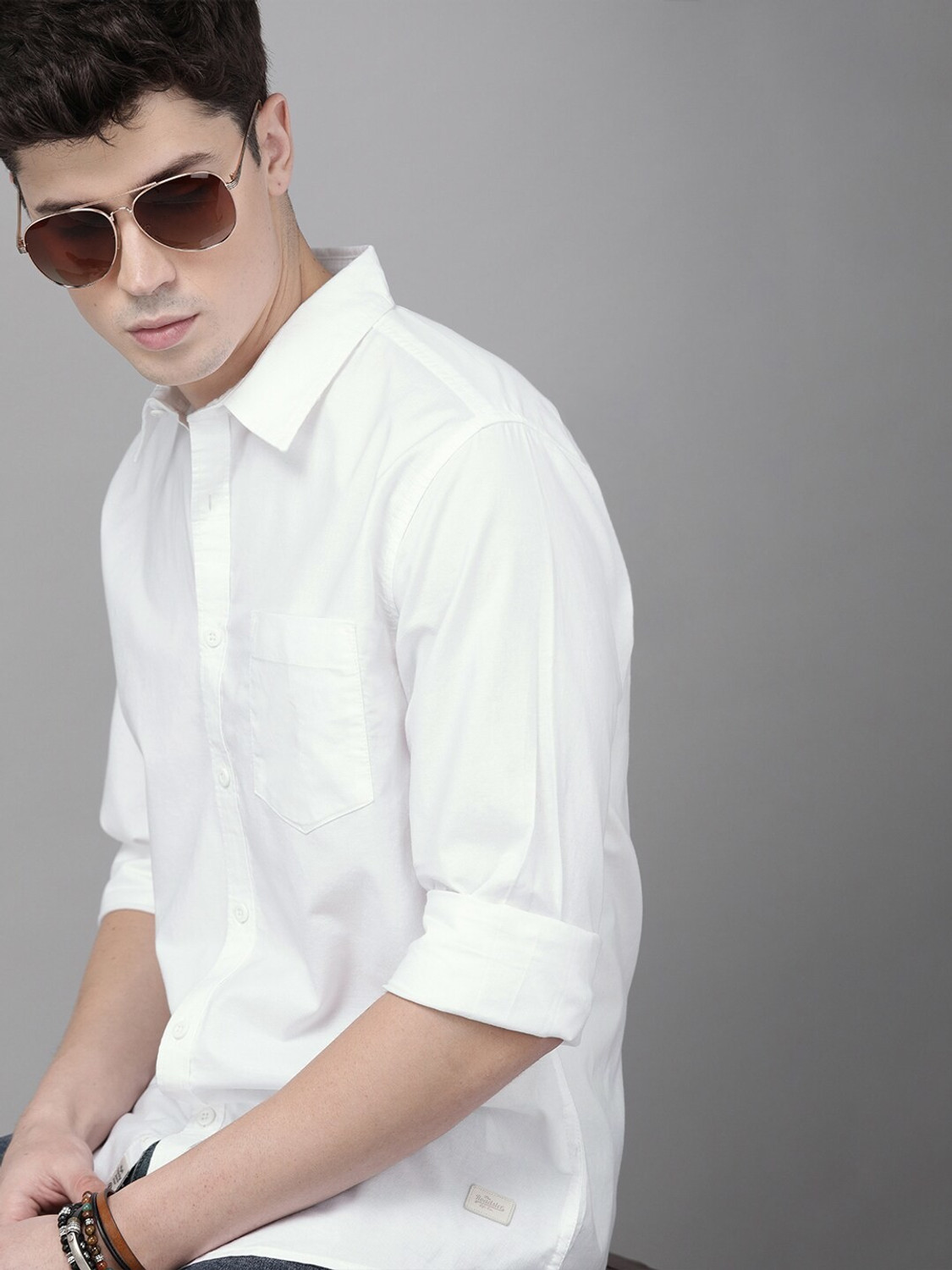 Image of Roadster Men Solid Casual White Shirt