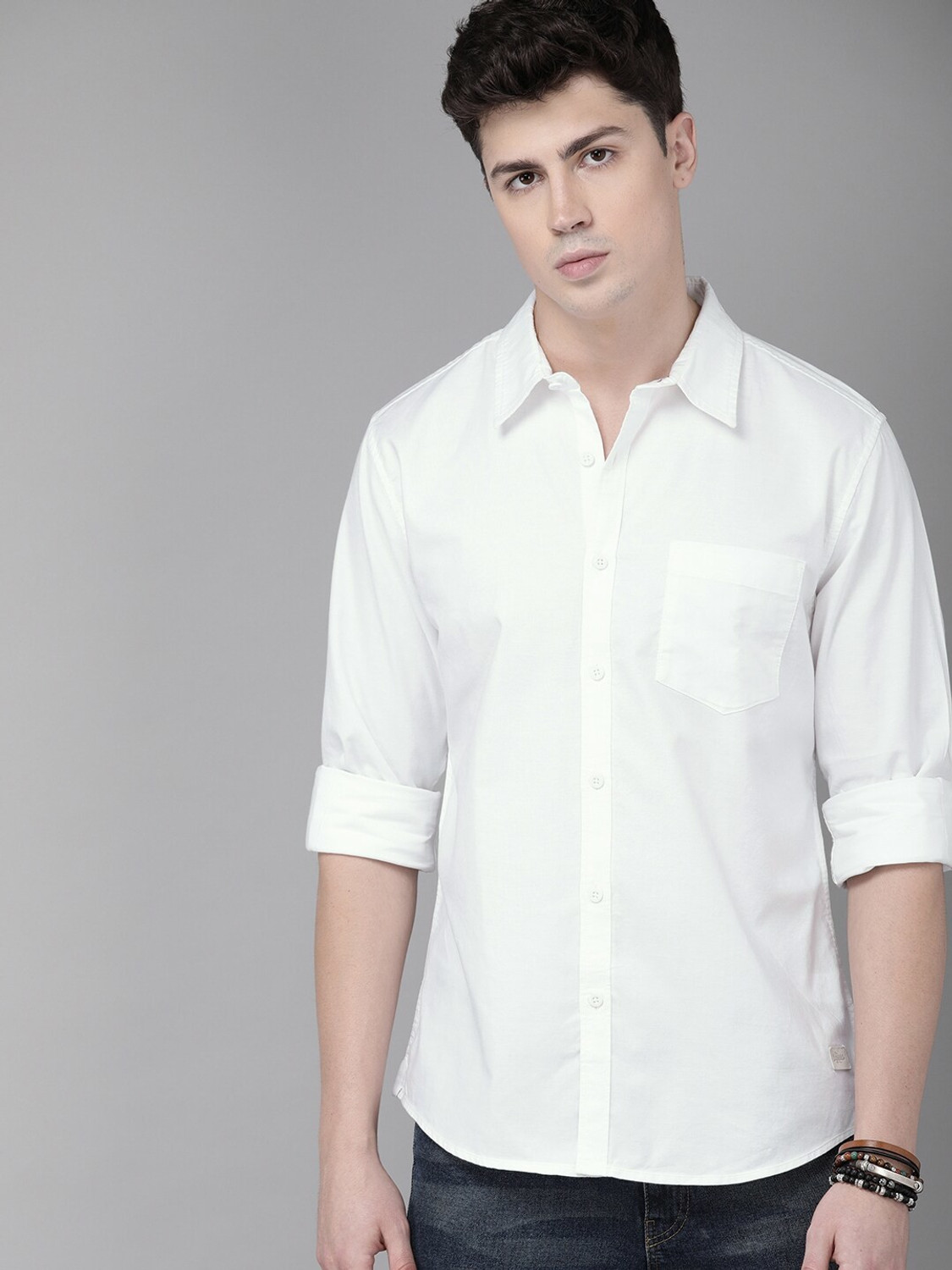 Image of Roadster Men Solid Casual White Shirt