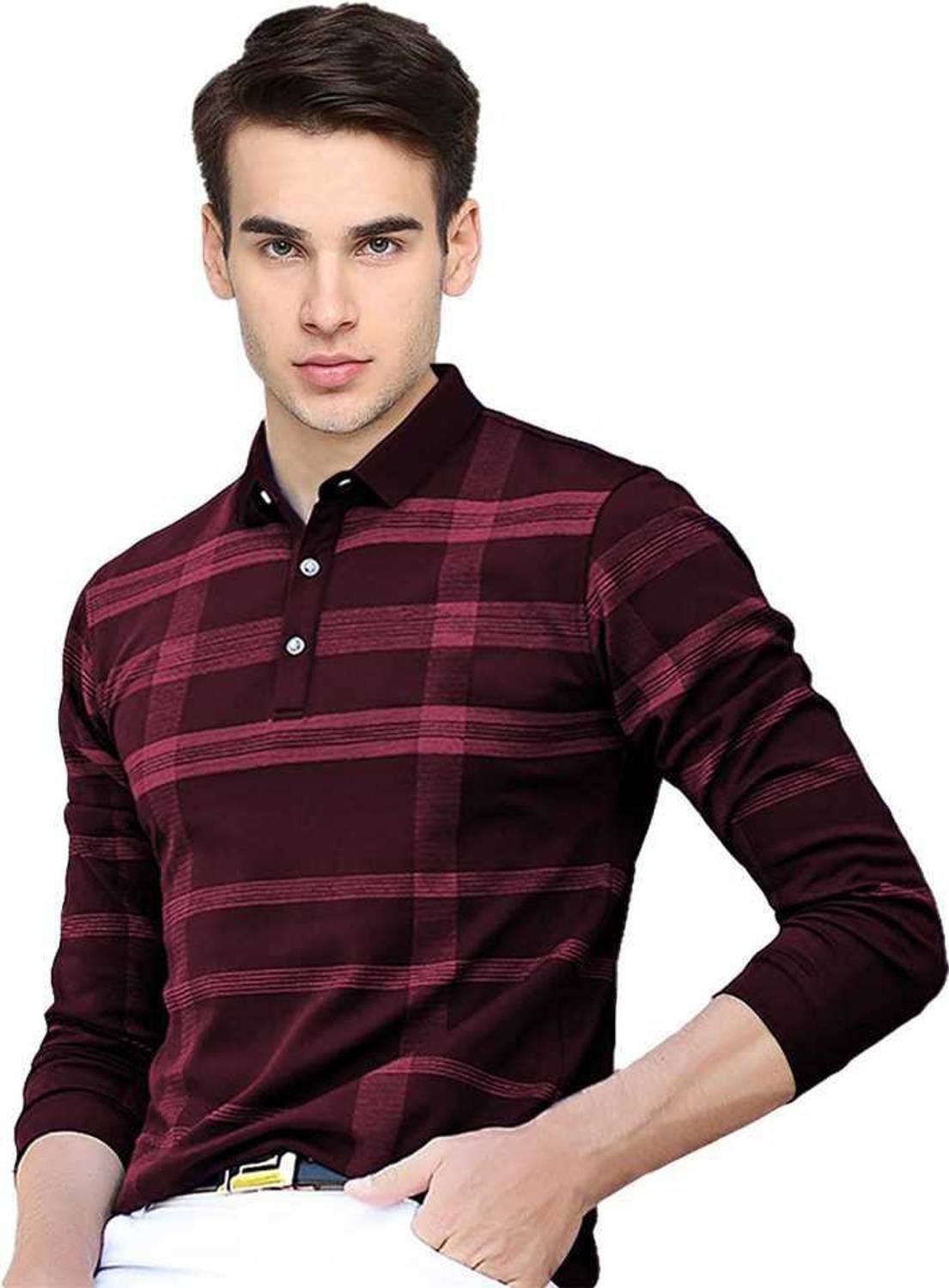 TwinsBoys Checkered Men Polo Neck Maroon T-Shirt