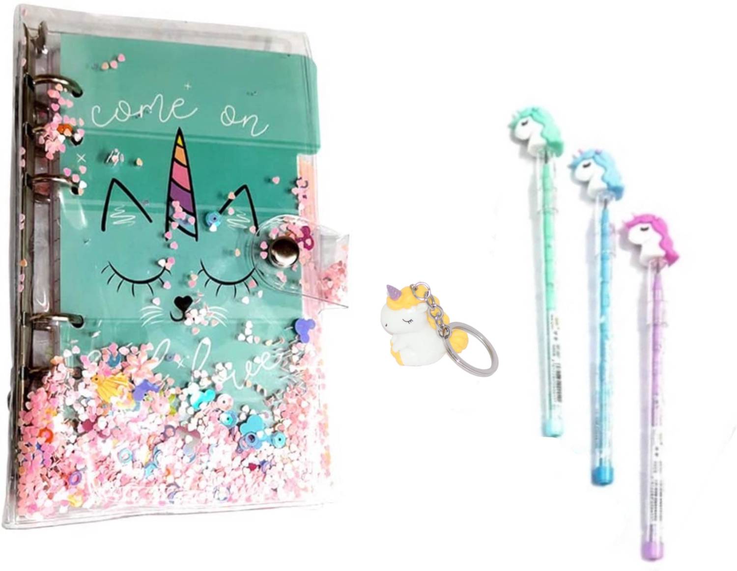 13House (Pack of 3) Unicorn Glitter Diary Notebook Gift Set With Unicorn 3D Key Ring/Key chain And Unicorn Pencils For Girls Stionary Set