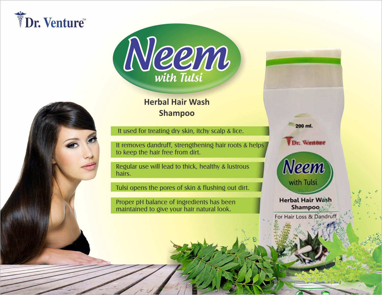 Image of Dr Venture Neem With Tulsi & Amla Shampoo Herbal Hair Wash Shampoo For Hair Loss And Dandruff Smooth & Silky 200 ml Pack of 1