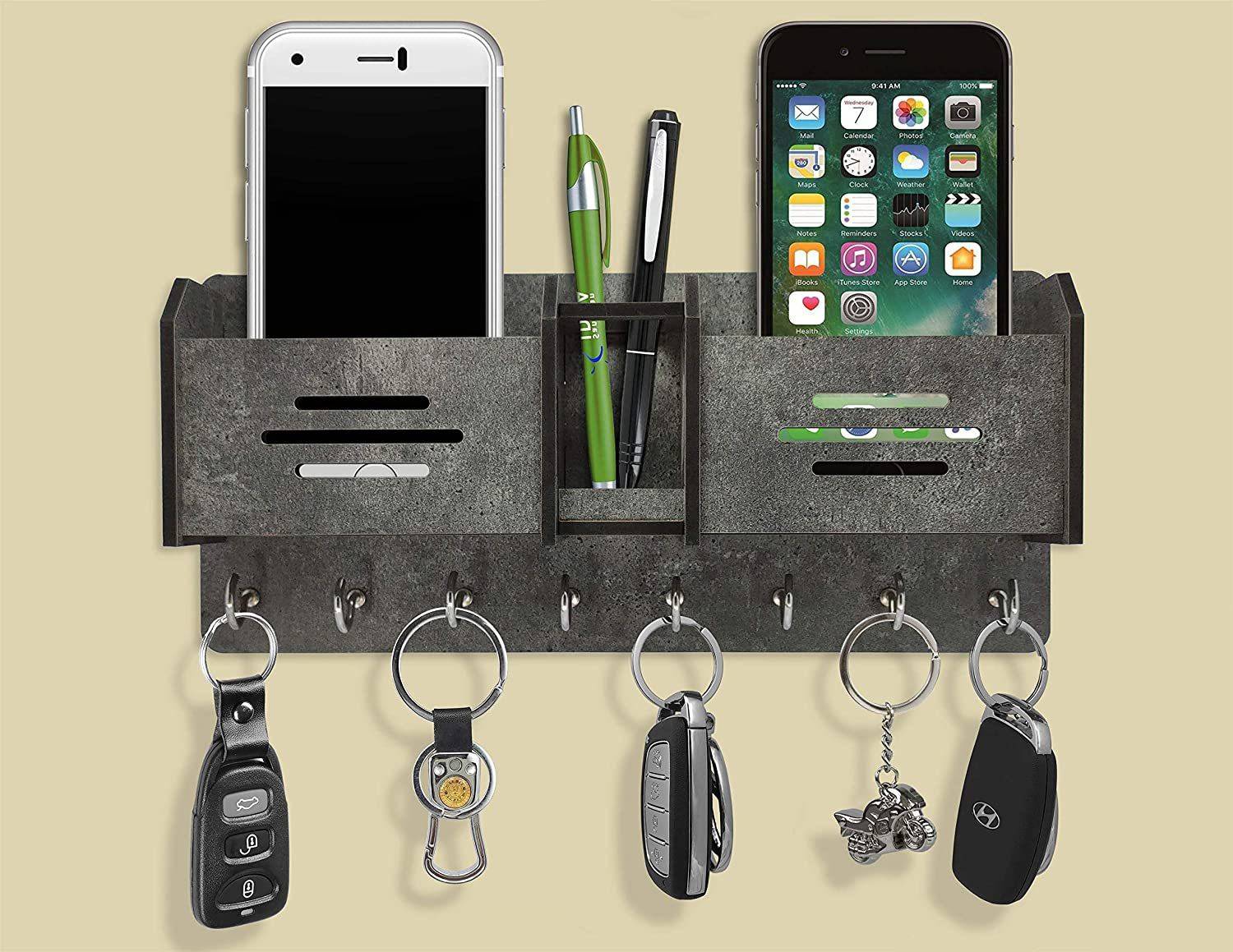 AKSHAR Wooden Key Holder with Storage Box Mobile Holder Pen Holder 8 Hook (280mm x 125 mm) (104 cherry Black )pack of 1 Acrylic Key Holder