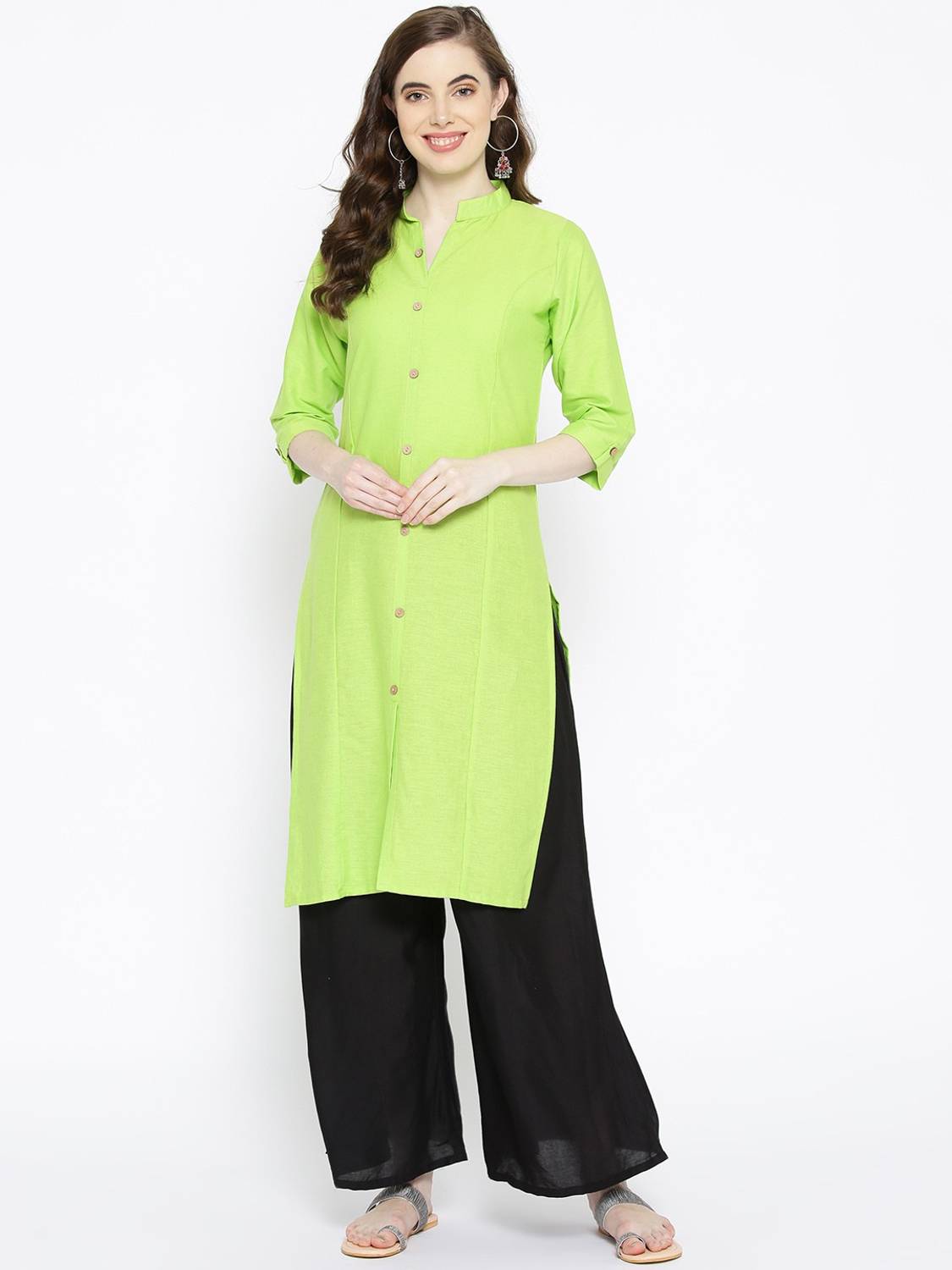 Vastraa Fusion Women Solid Pure Cotton Straight Kurta (Green)