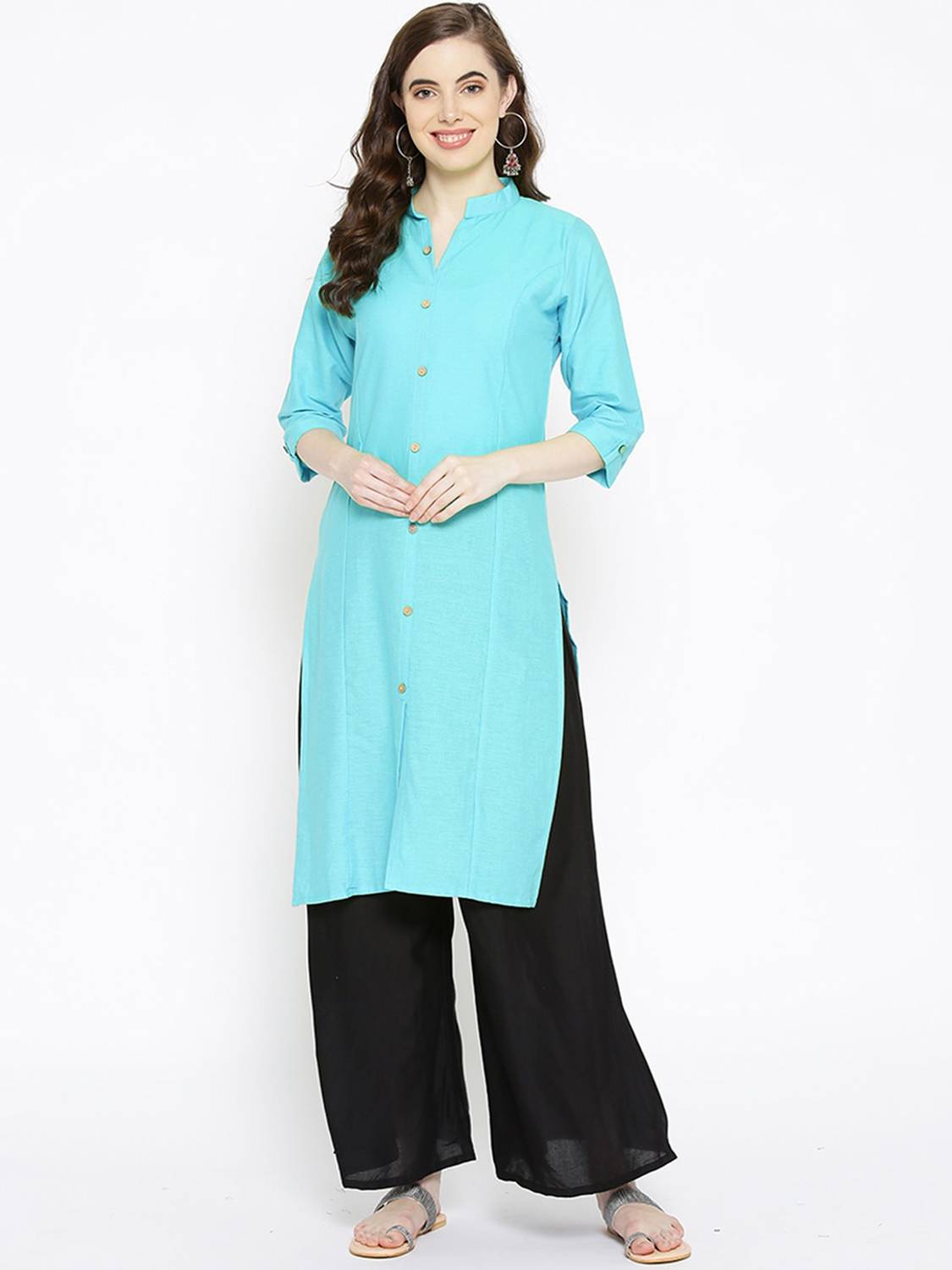 Vastraa Fusion Women Solid Pure Cotton Straight Kurta (Light Blue