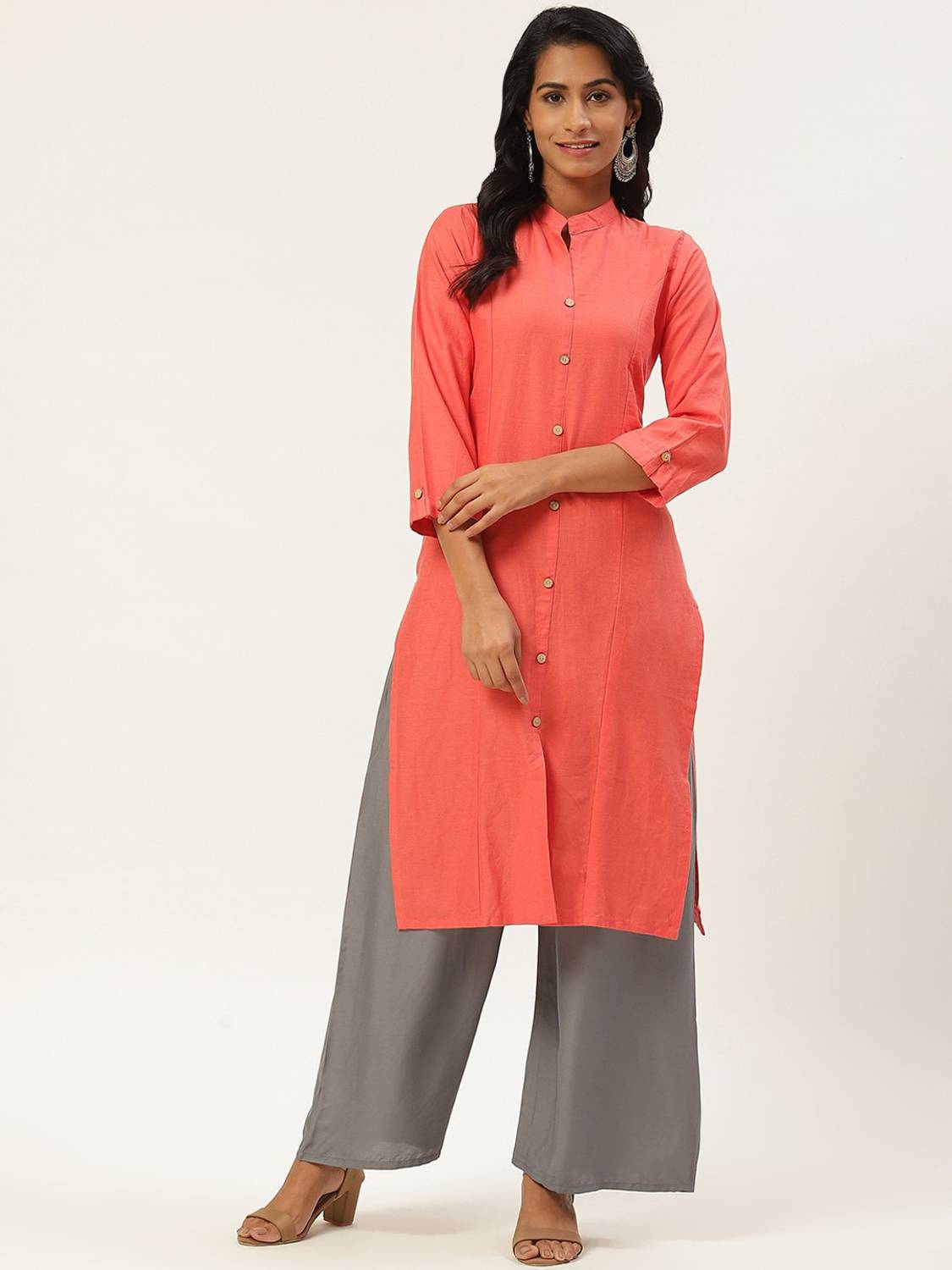 Vastraa Fusion Women Solid Pure Cotton Straight Kurta (Orange)