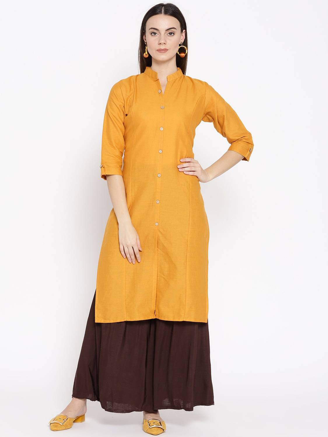 Vastraa Fusion Women Solid Pure Cotton Straight Kurta (Yellow)