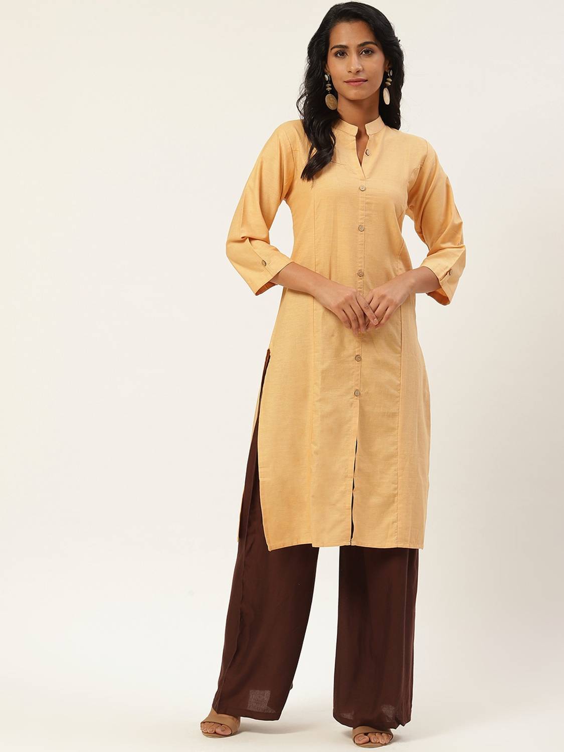 Vastraa Fusion Women Solid Pure Cotton Straight Kurta (Beige)