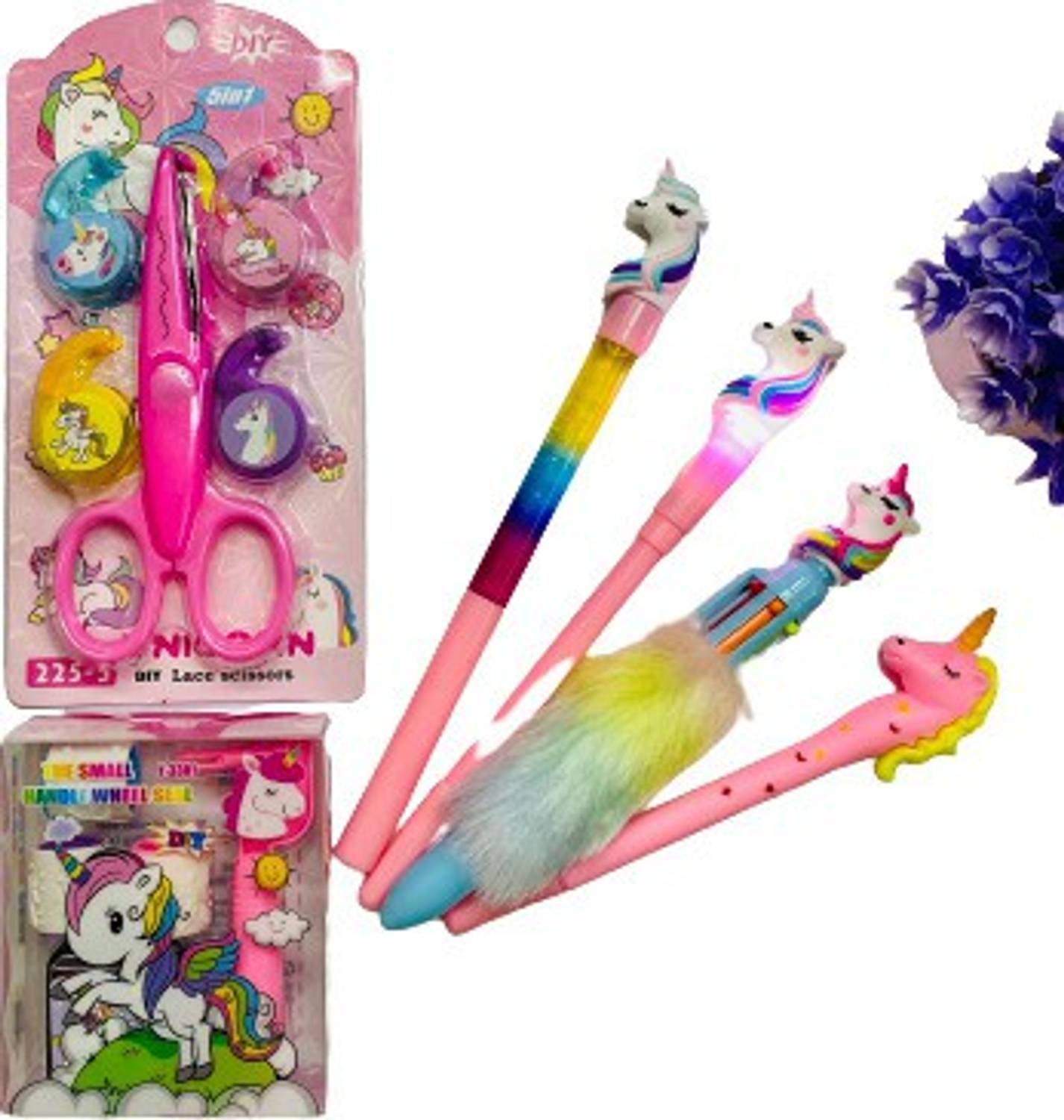 13House Kids (Pack of 6) Cute Unicorn Combo Art And Craft Scissor Set With Stationary Items For Kids/Unicorn Stamper/Unicorn Light Pen/Glitter Pen/Fur Pen/Fancy Pens For Girls Stationary Set