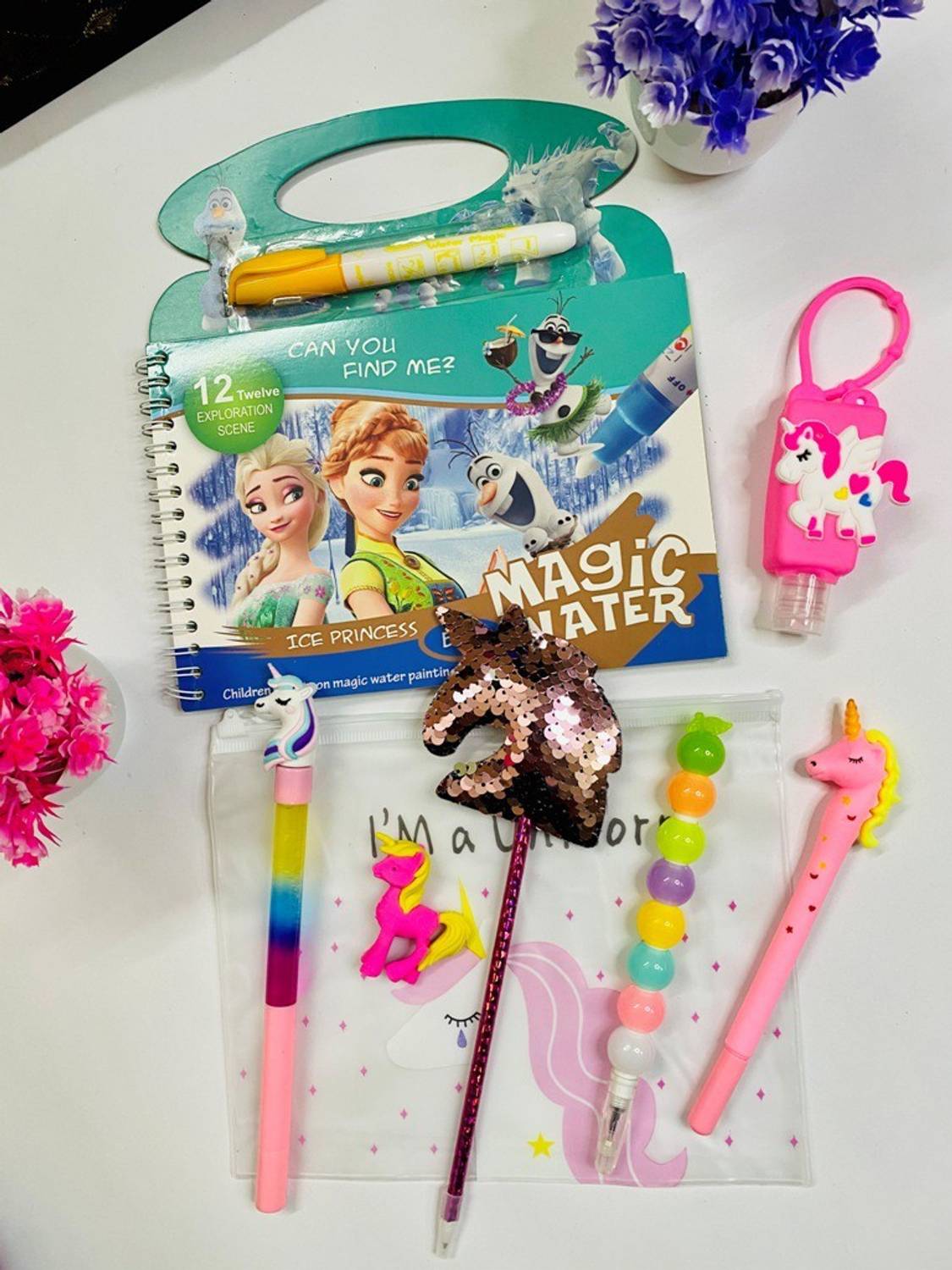 13House Kids (Pack of 8) Unicorn Theme Folder With Magic Water Colouring Book And Pen Set For Kids With Stationary Items/Glitter pen/Sequence Unicorn Pen/Unicorn Sanitizer/Fancy Stacking Pencil/Unicorn Pens For Kids Stationary Set