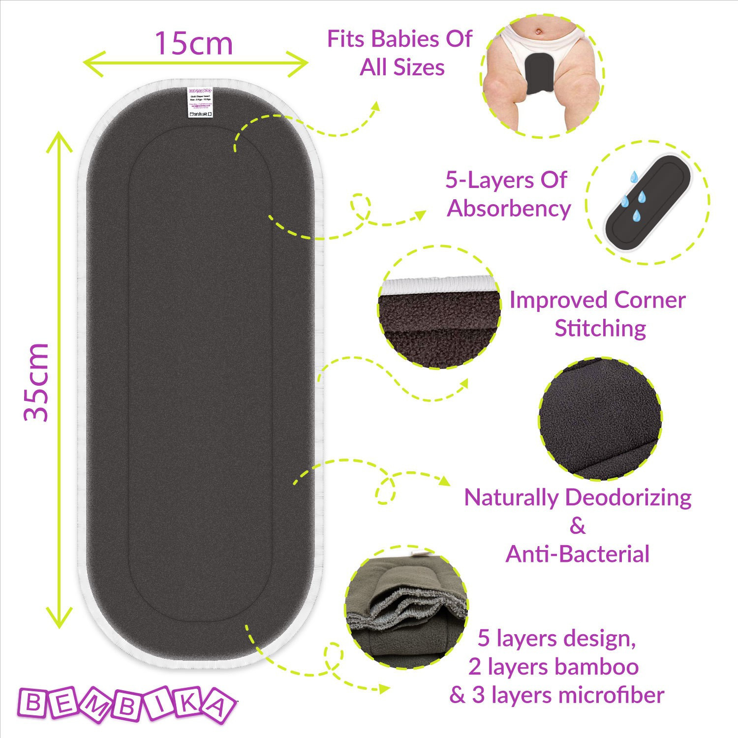 Image of Bembika 5 Layer Bamboo Charcoal Inserts Liners Natures Cloth Diaper Liner, Wetfree Reusable Washable Cotton Diaper Nappy Inserts for Baby Cloth Diapers (Pack of 5)