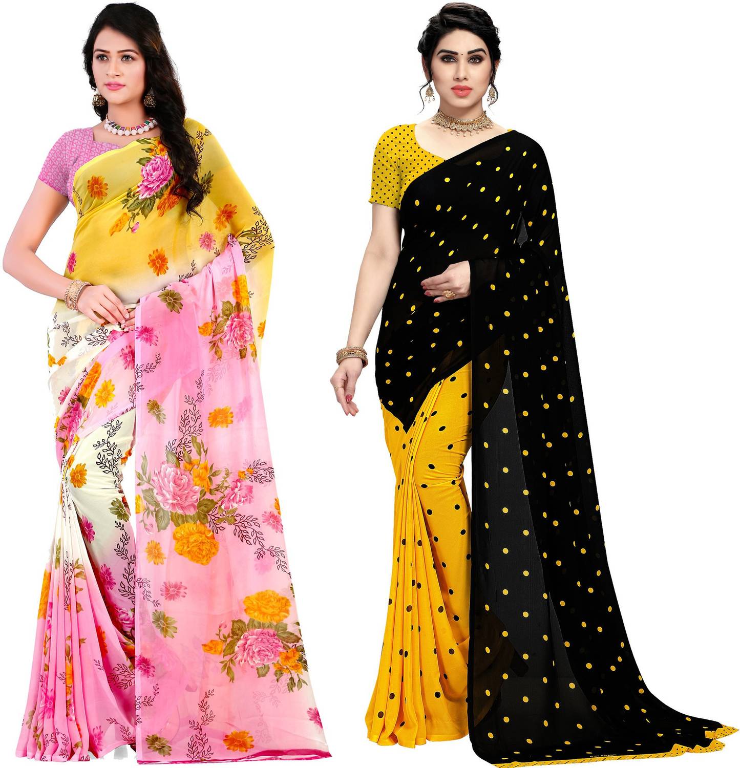 ANAND Printed, Graphic Print, Polka Print Daily Wear Georgette Saree