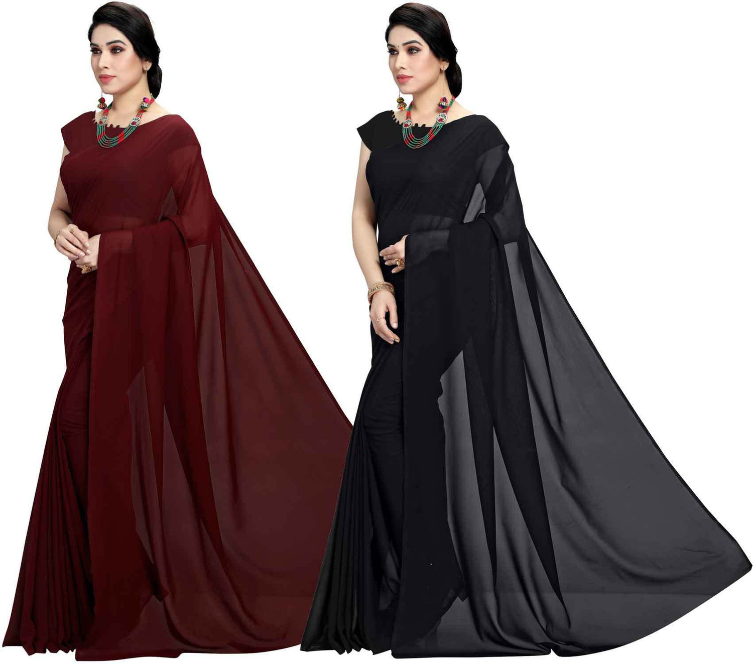 Image of ANAND Solid /Plain Bollywood Georgette Saree (Pack of 2, Brown, Black)