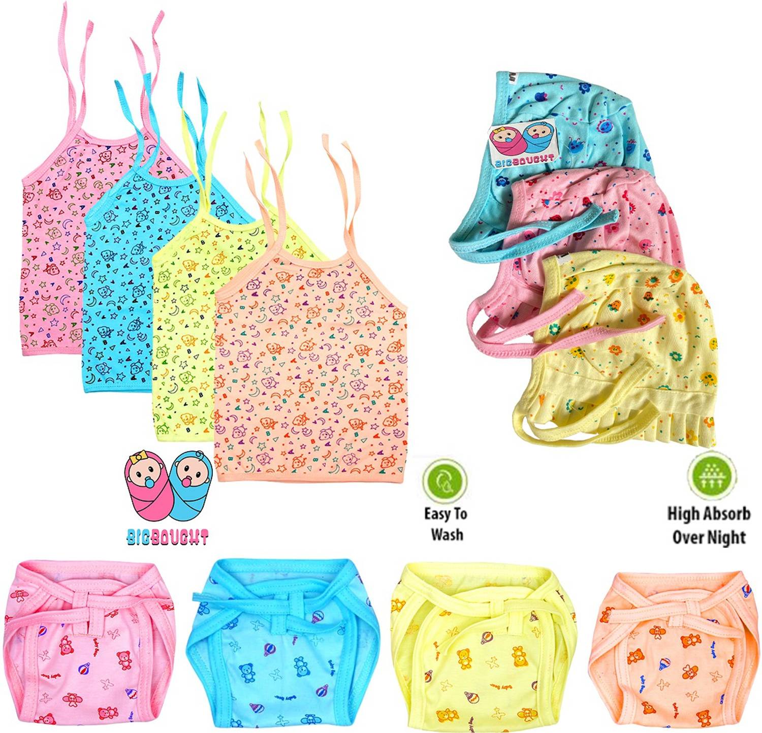 Bigbought New Born Baby Care Cloth Set Combo (Set of 11, Jhabla,, Mittens,cap Hosiery Material, Random Print (Multicolor)