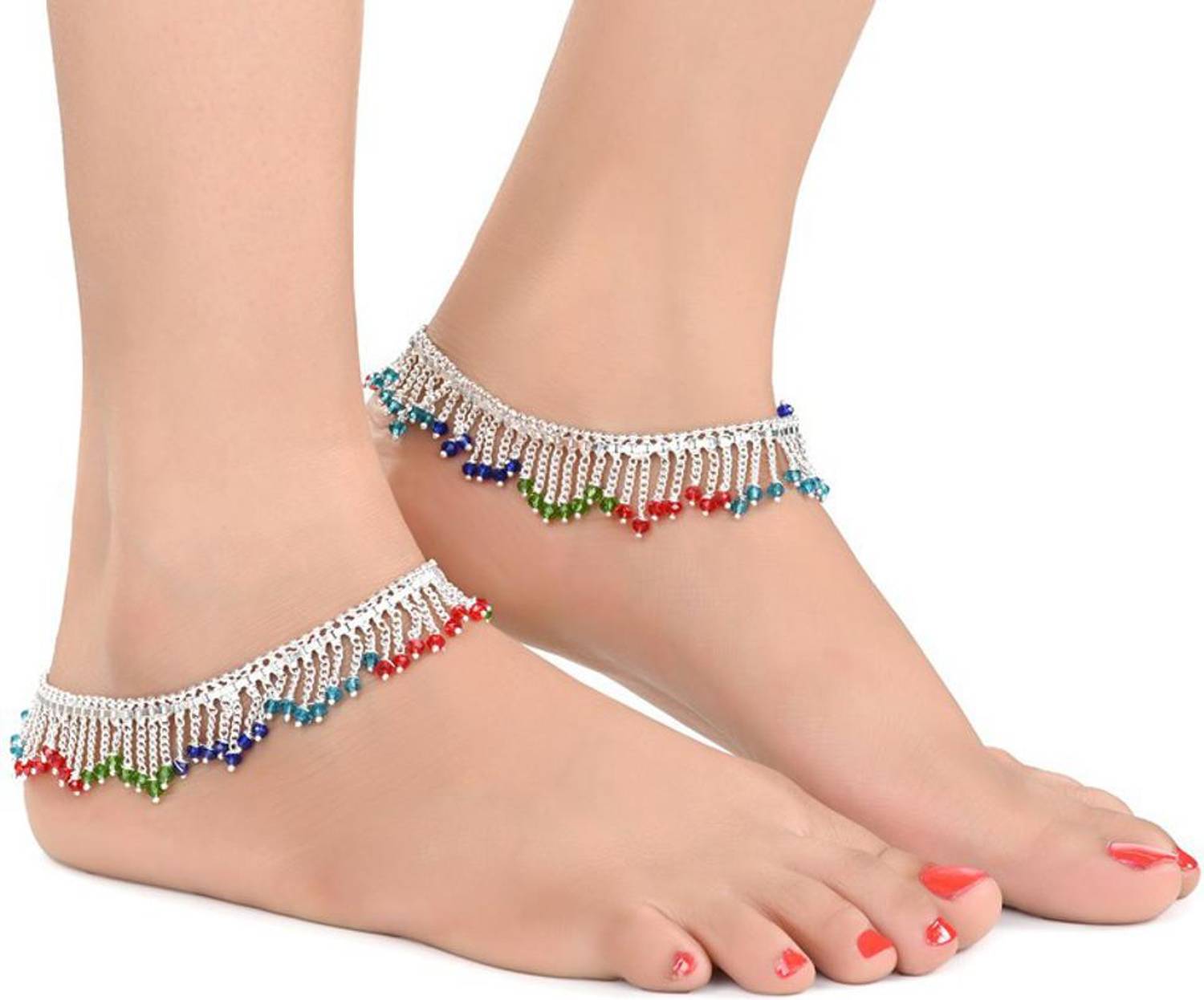Buyosm Ecom Shining White Metal Multicolor Crystal Studded Indian Traditional Ethnic Stainless Steel Anklet