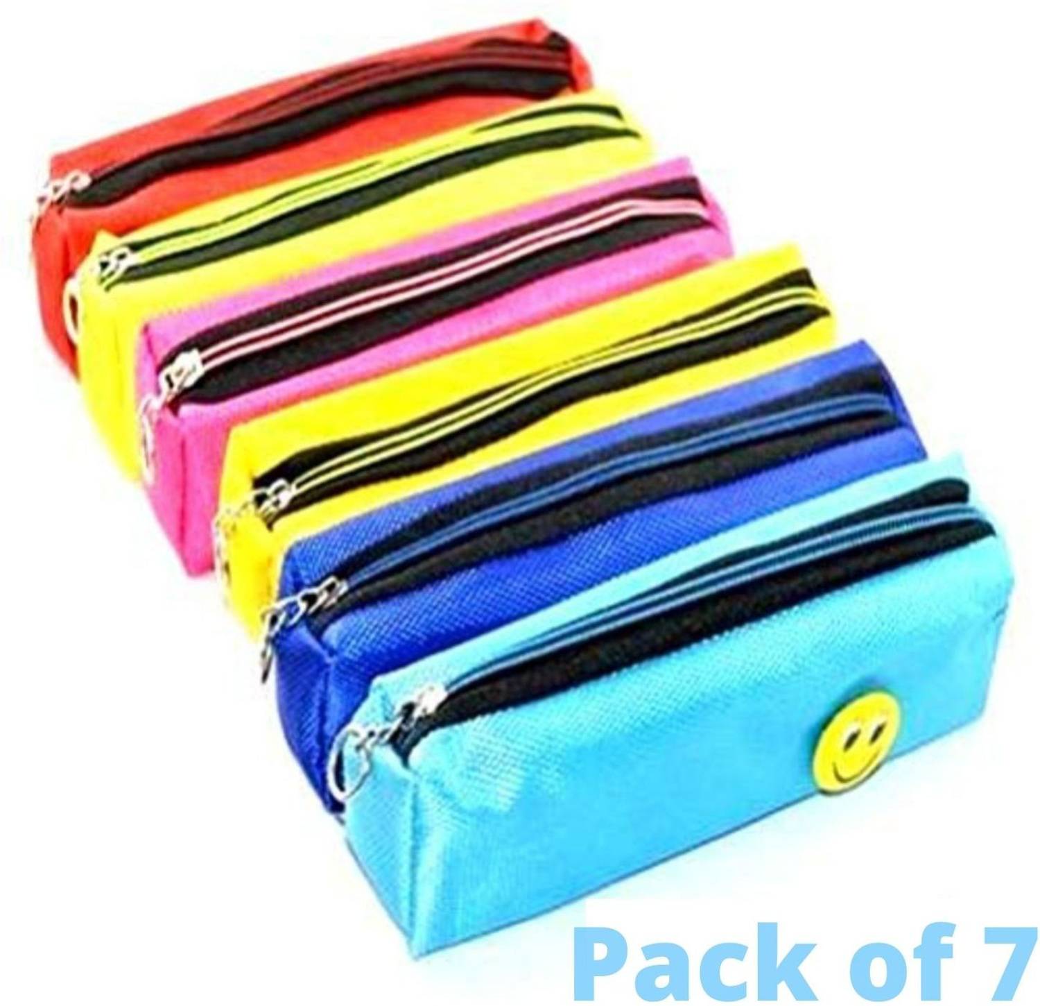 shubhcraft Smiley Stationary Zipper Pencil Pen Pouch Case Set Best Birthday Gift,Multicolor (Pack of 7) Smiley Batch attached Art Polyester Pencil Boxes