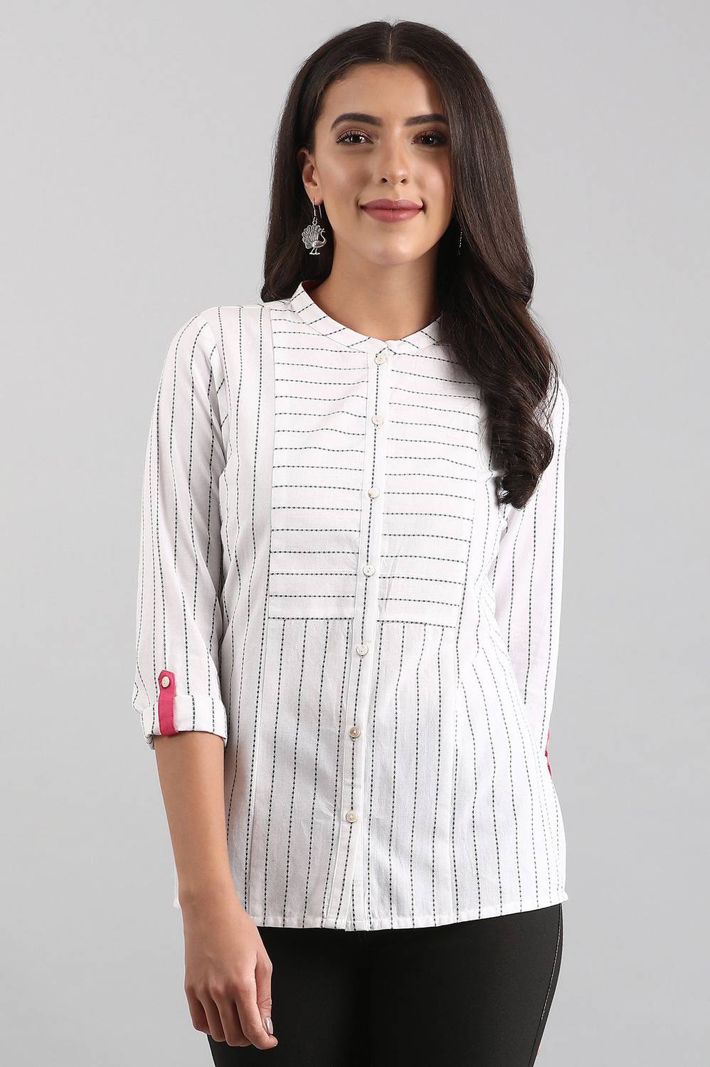Aurelia Casual 3/4 Sleeve Striped Women White Top