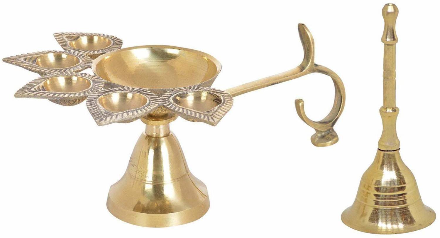 AANU Brass Panch Deepak Aarti Oil Lamp for Pooja Mandir Brass Handle Diya And Pooja Bell (Height: 2.4 inch) Brass (Pack of 2) Table Diya Set