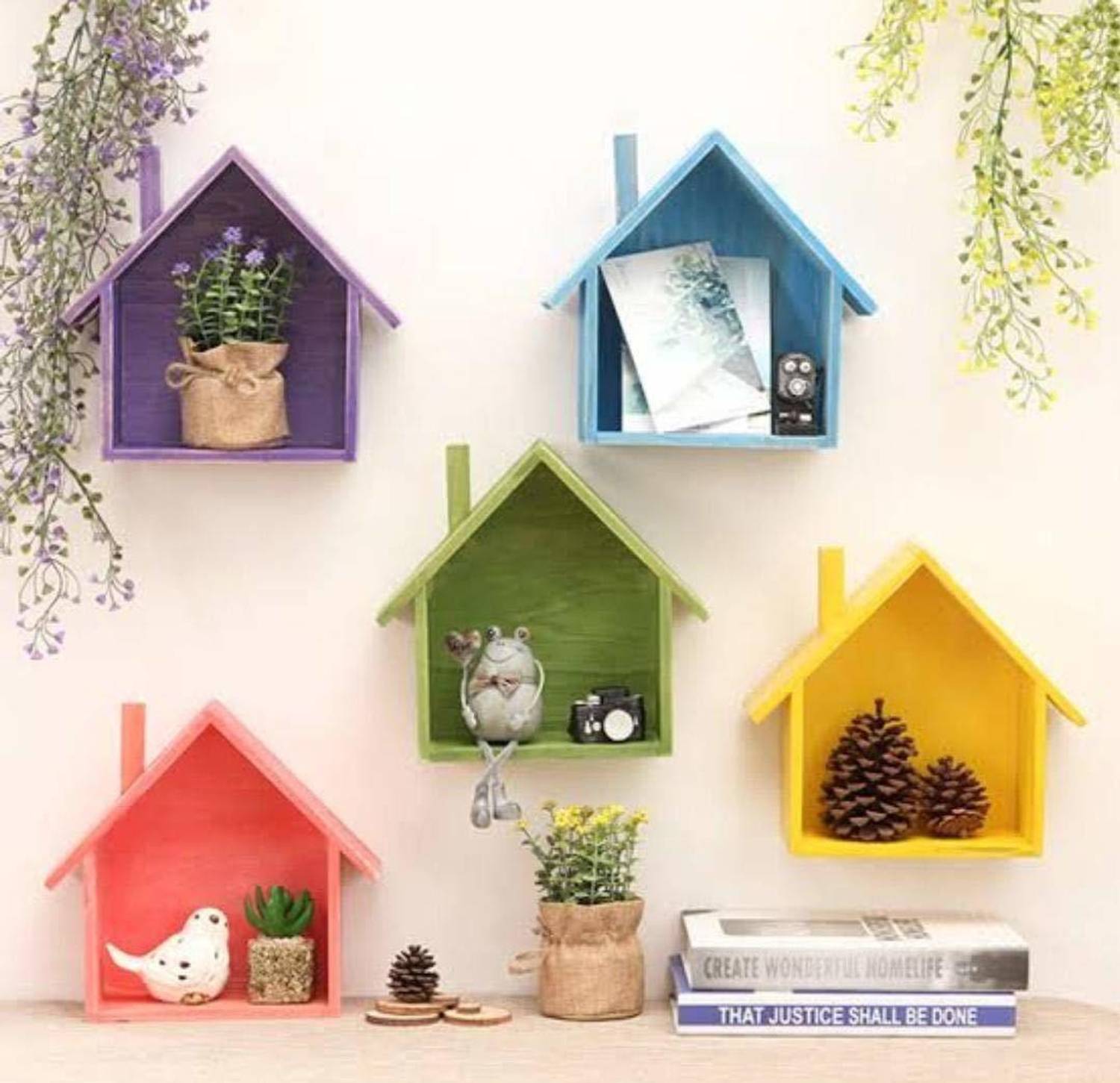 ANB Enterprises Wall shelf rack shelves Lodge House shape shelf MDF Wall mounting ,floating ,Hanging Wall decor set of 5 Hut Shape for Living room & Bedroom Wall storage Color :- Multi (Multicolor-05) MDF (Medium Density Fiber) Wall Shelf