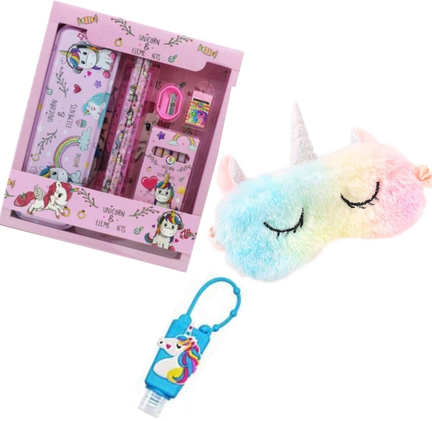 13House Kids (Pack of 3) Unicorn Stationary Set With Unicorn Eye Mask for kids/stationary for girls/Unicorn Sanitizer For Kids Stationary School Set