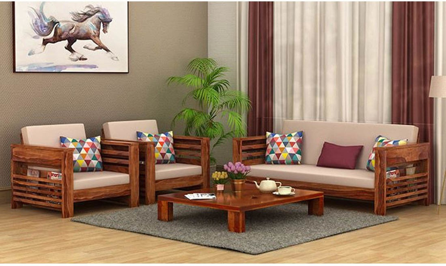 Image of DriftingWood Wooden Sofa set for living Room Furniture | 3+1+1 Sofa Set | 5 Seater Sofa Fabric 3 + 1 + 1 Sofa Set
