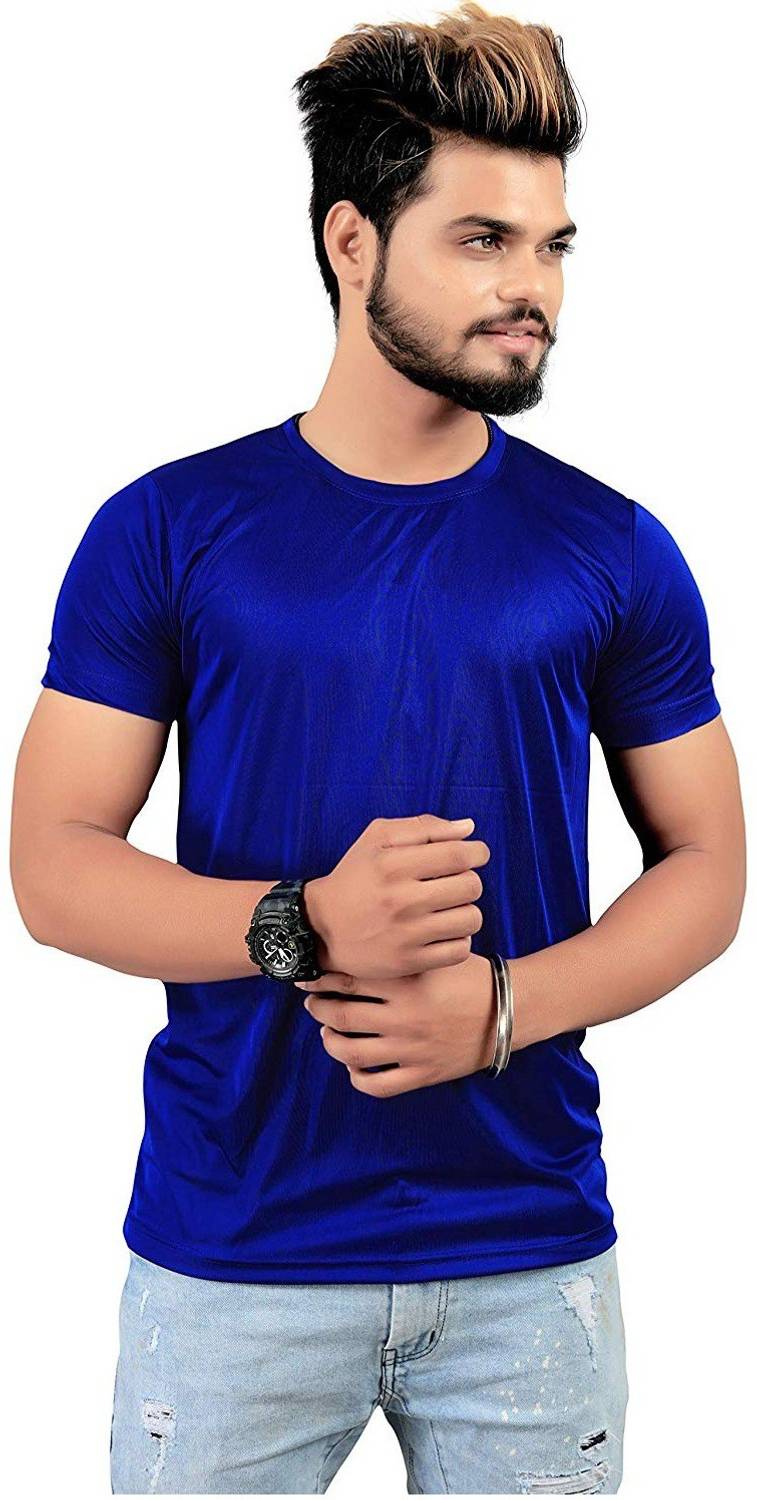 WEAR ESSENCE Solid Men Round Neck Blue T-Shirt