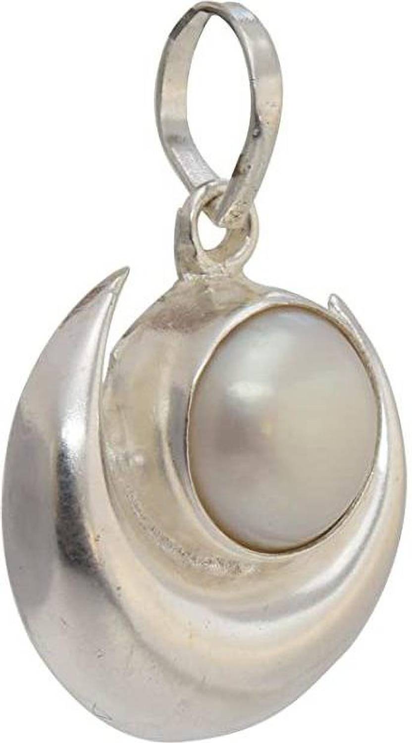AIR9999 White Pearl Moti Chand Locket Pendant in Half Moon Shape Pearl Locket Chand Moti Pendant Moonstone Metal Pendant