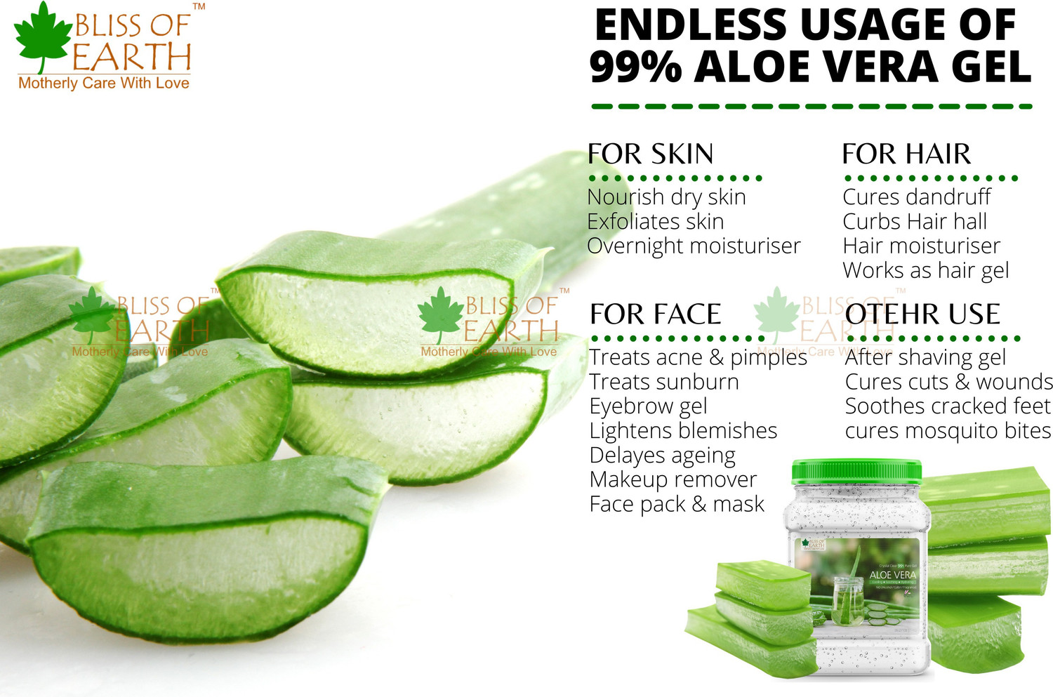 Image of Bliss of Earth 99% Pure Crystal Clear Aloe Vera Gel For Face, skin & Hair. Moisturization & Hydration