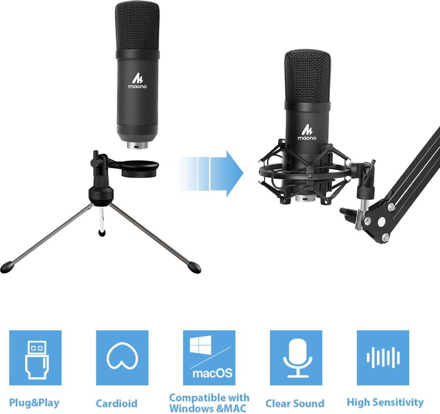 Image of Maono AU-A04 Plus Microphone With Scissor Arm Stand,Metal Shock Mount,Clamp & Windscreen