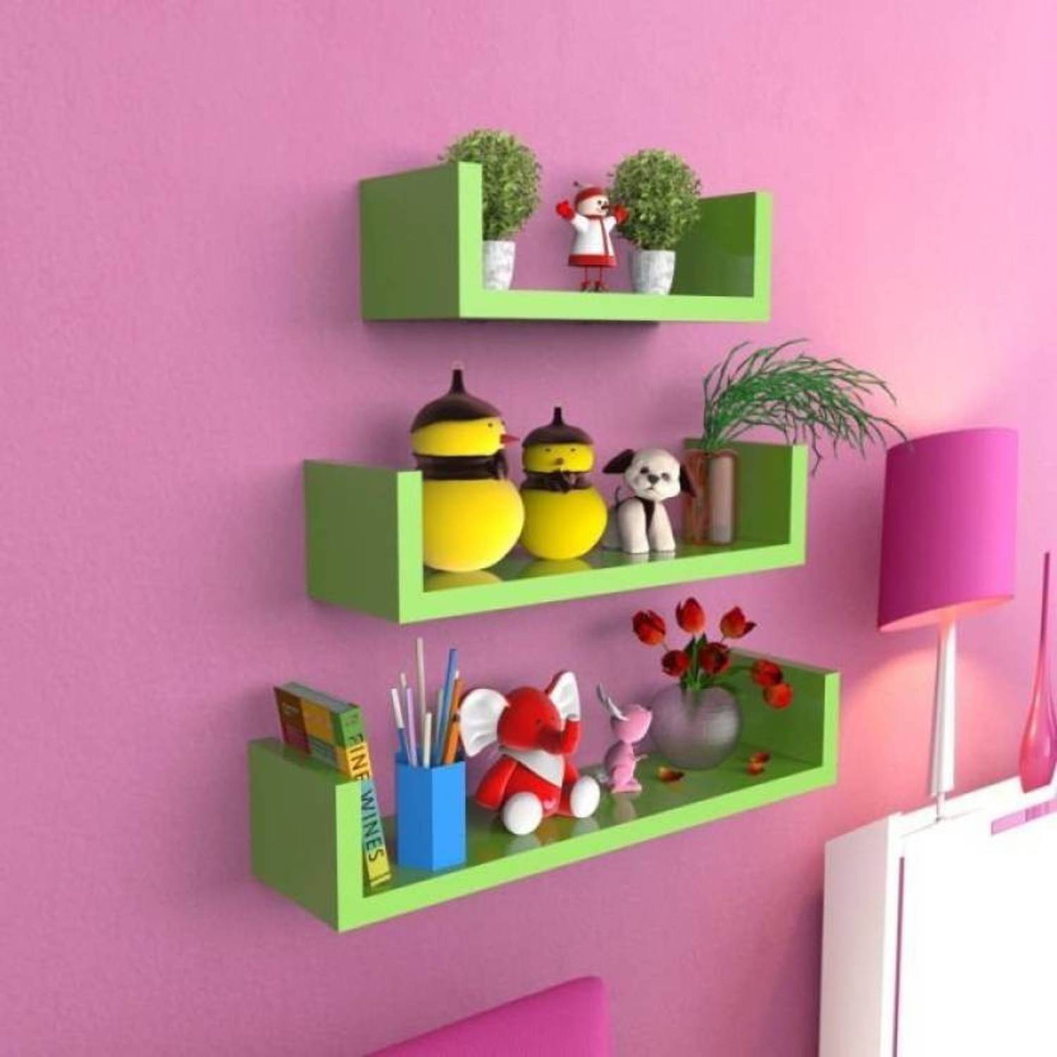 OnlineCraft woden wall shelf U rack Green Wooden Wall Shelf (Numb