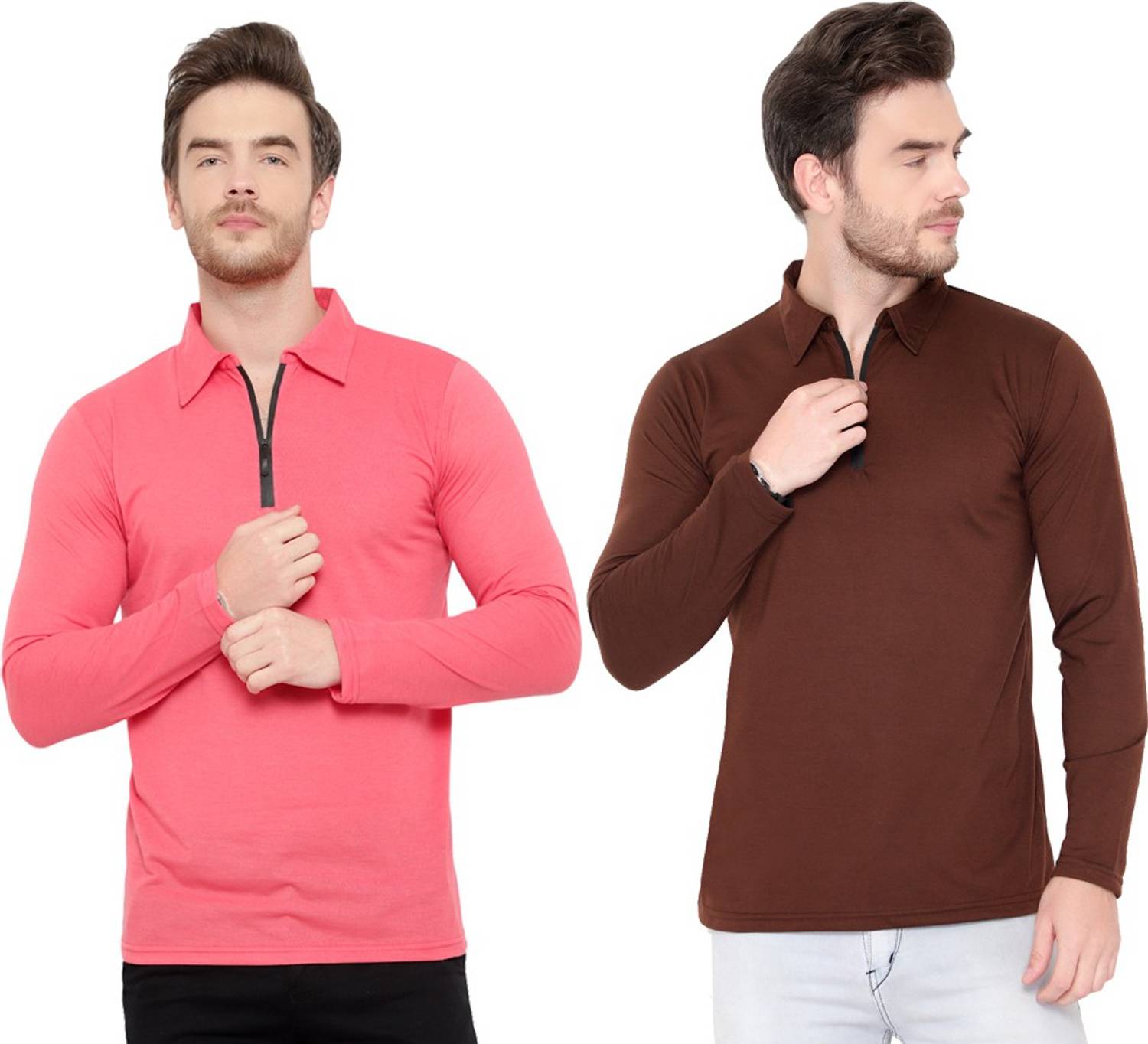 Jangoboy Solid Men Polo Neck Brown, Pink T-Shirt