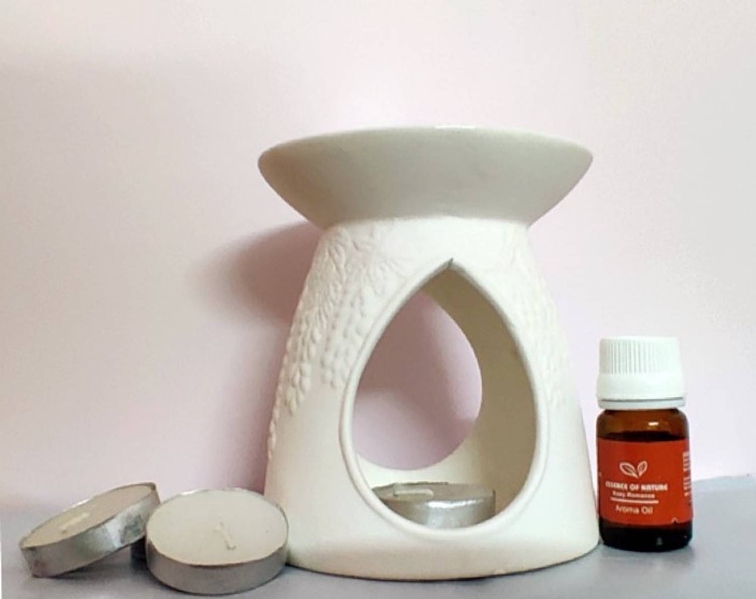 AsianLily Oil Diffuser Set, 6 * 4 inch White Ceramic Burner with Grapes Design on it, 4 Tea Light Candles and Aroma Oil 10ml (Jasmine, 6) Ceramic Tealight Holder Set